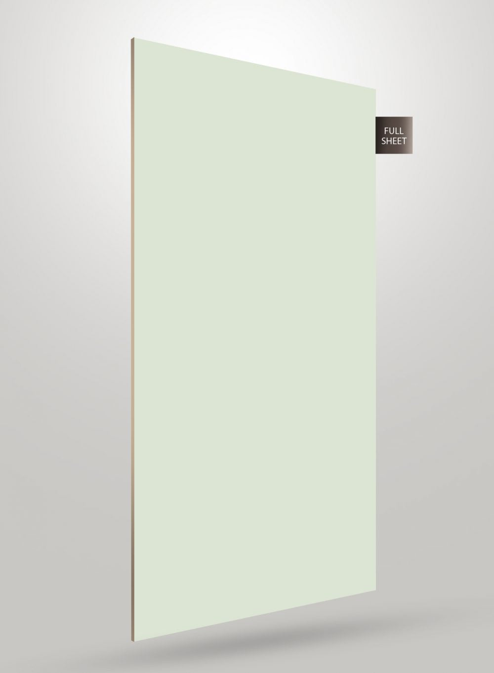 Pale green solid colour laminate sheet with glossy finish and visible edge, labelled full sheet.