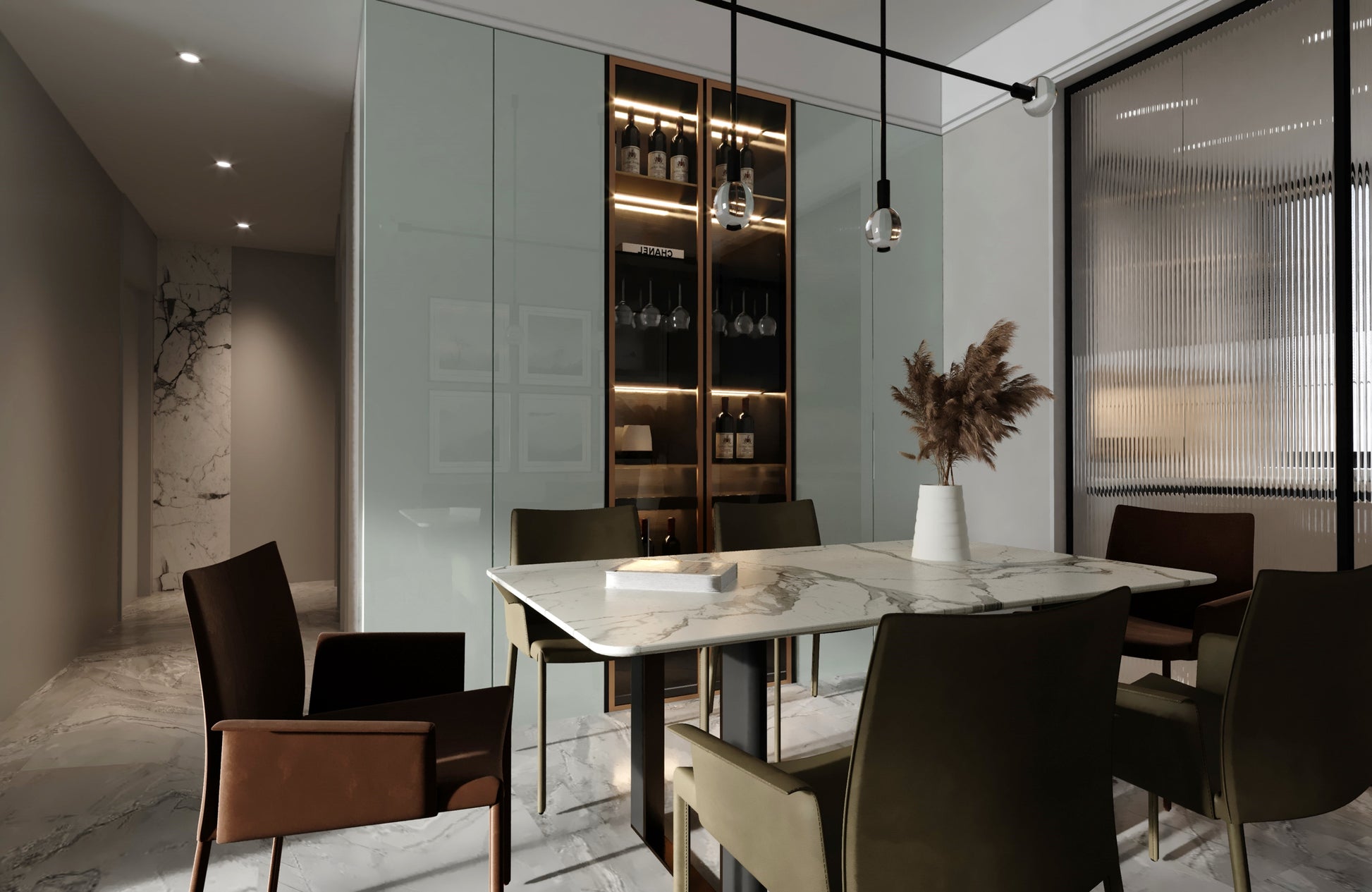 Green glossy laminate wall panel in modern dining room with marble table and wine cabinet
