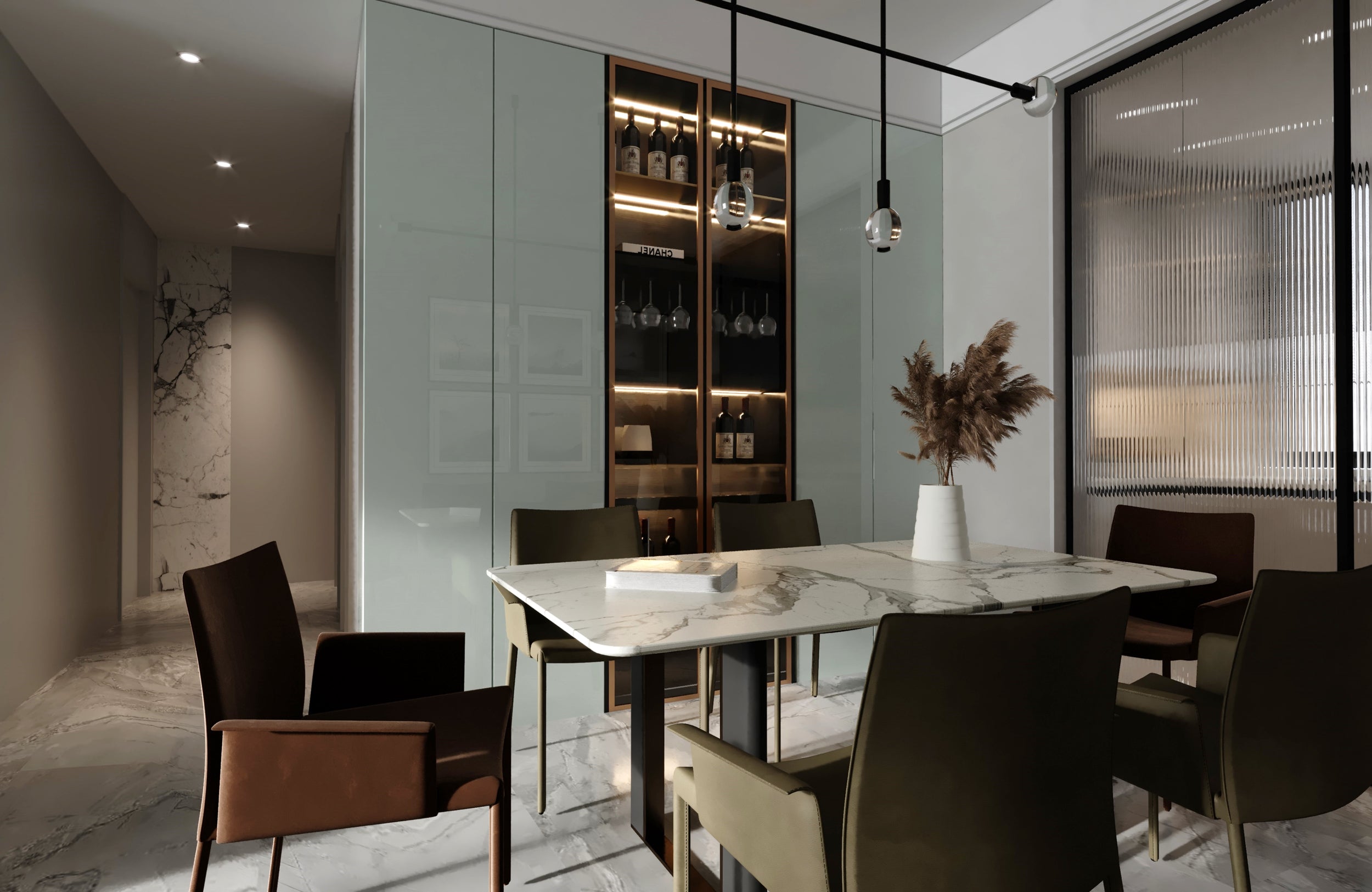 Green glossy laminate wall panel in modern dining room with marble table and wine cabinet