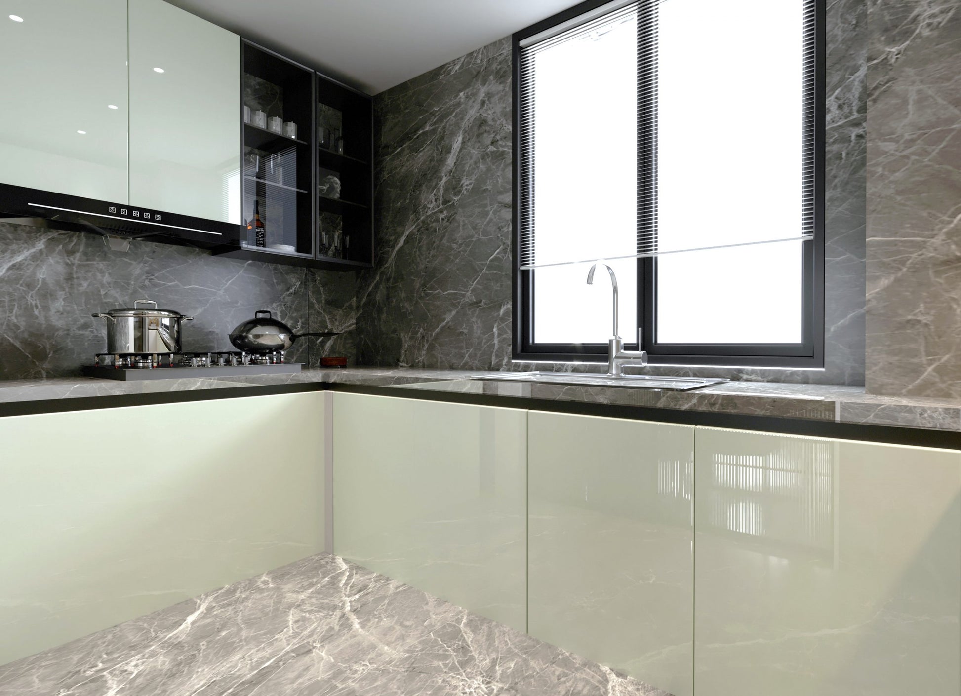 Green laminate kitchen with glossy finish marble pattern on countertops and backsplash, and white cabinets under bright
