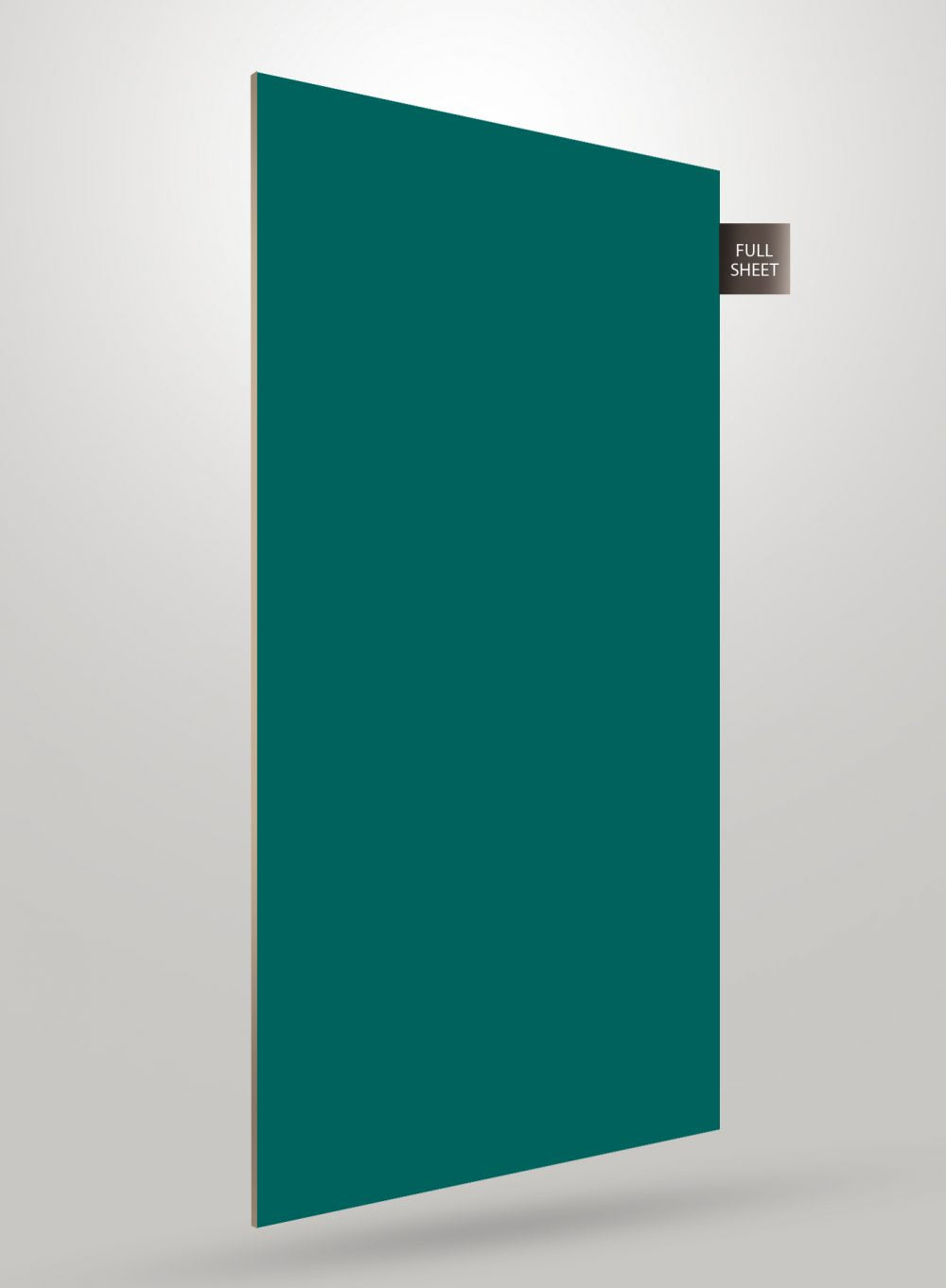 Solid green decorative laminate sheet with high gloss finish and full sheet label on a light grey background
