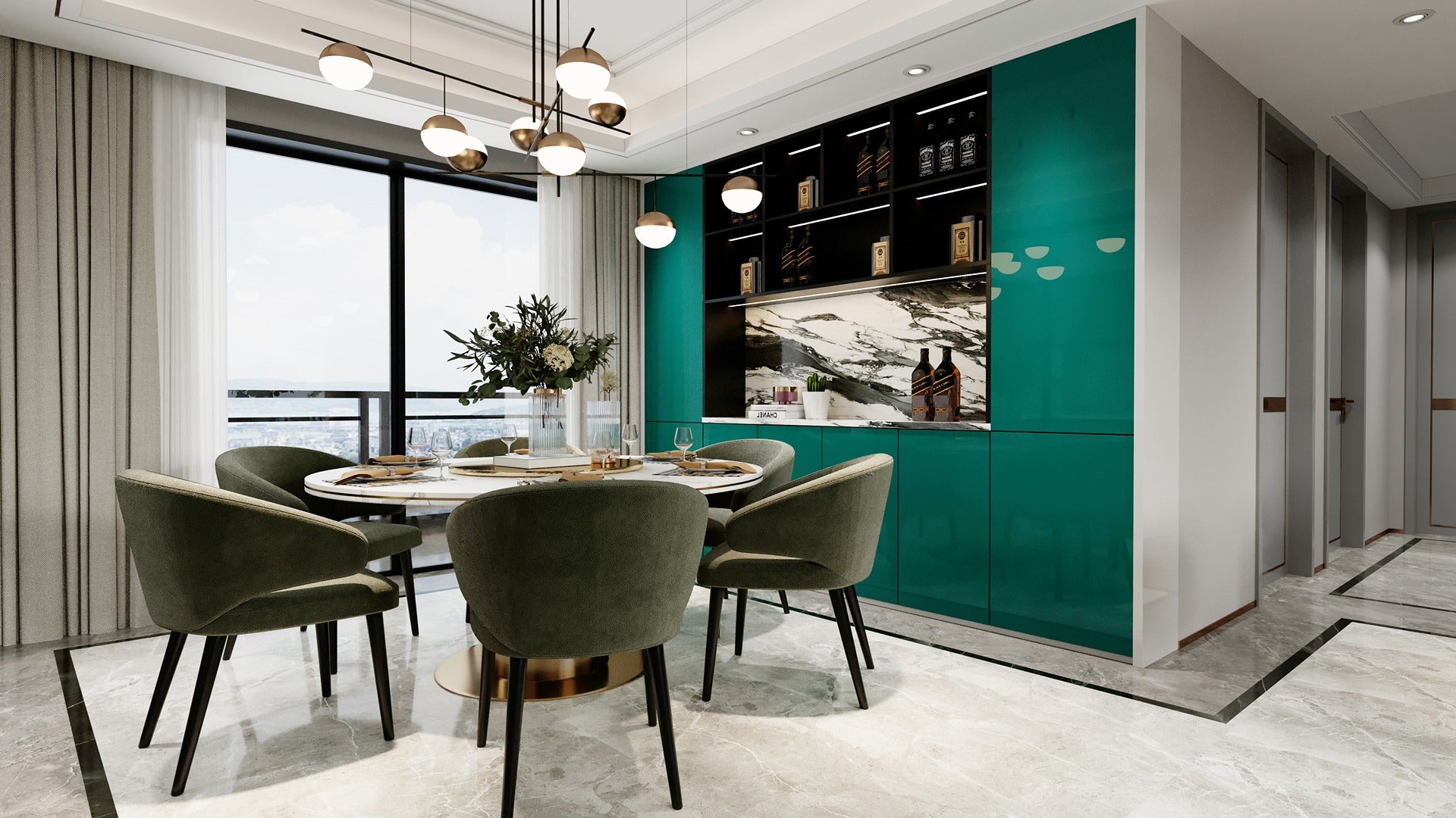 Green glossy laminate wall panels in modern dining room with sleek furniture and marble flooring.