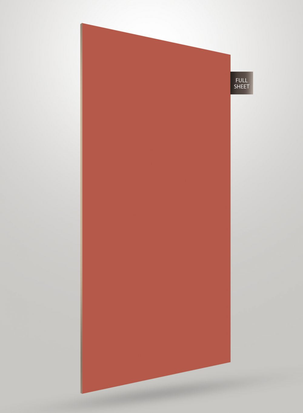 Red solid colour laminate sheet with glossy finish and full sheet label on a grey background.