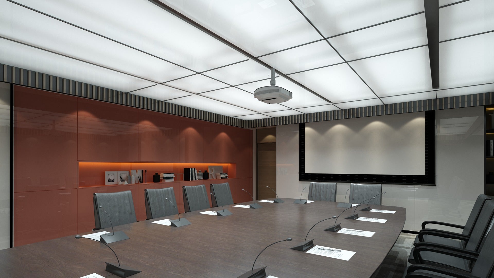 Red glossy laminate wall in a conference room with dark wood table and grey chairs, showing high gloss finish.
