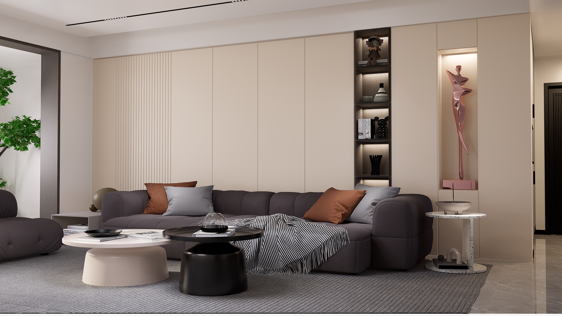 Cream laminate wall panels with glossy finish in a modern living room with dark grey furniture and decor accents
