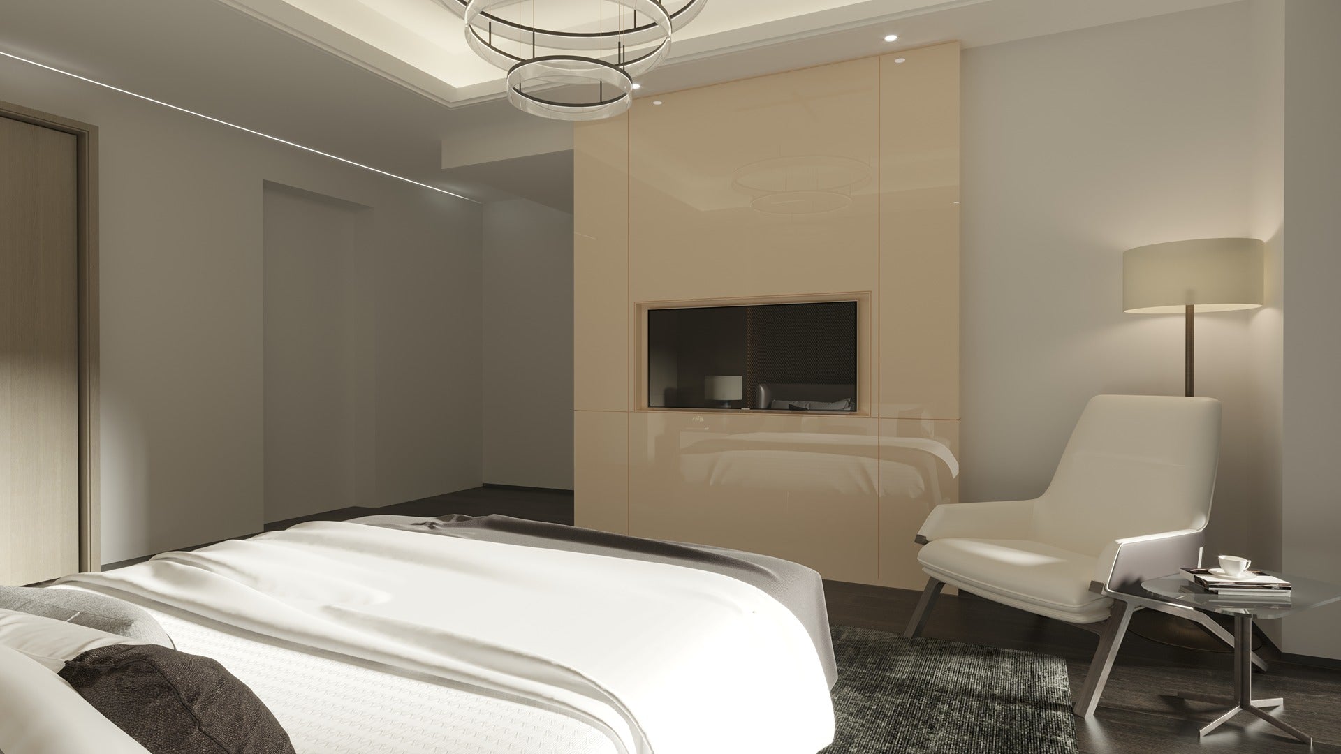 Cream high gloss laminate wall panel in modern bedroom with minimalist decor and soft lighting.