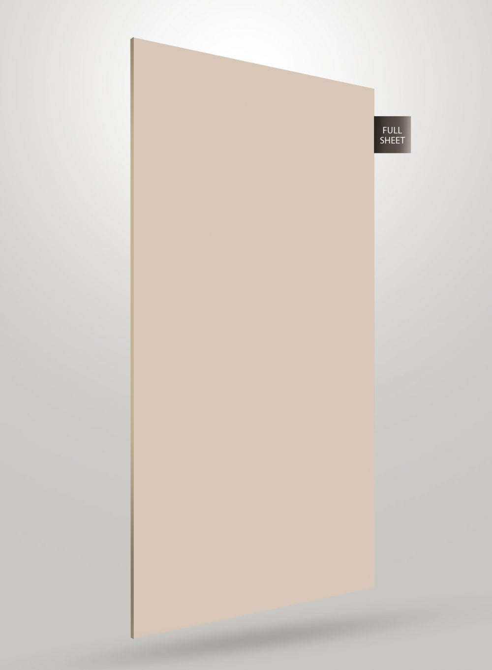 Beige solid colour laminate sheet with glossy finish and smooth texture, labelled full sheet on a grey background.
