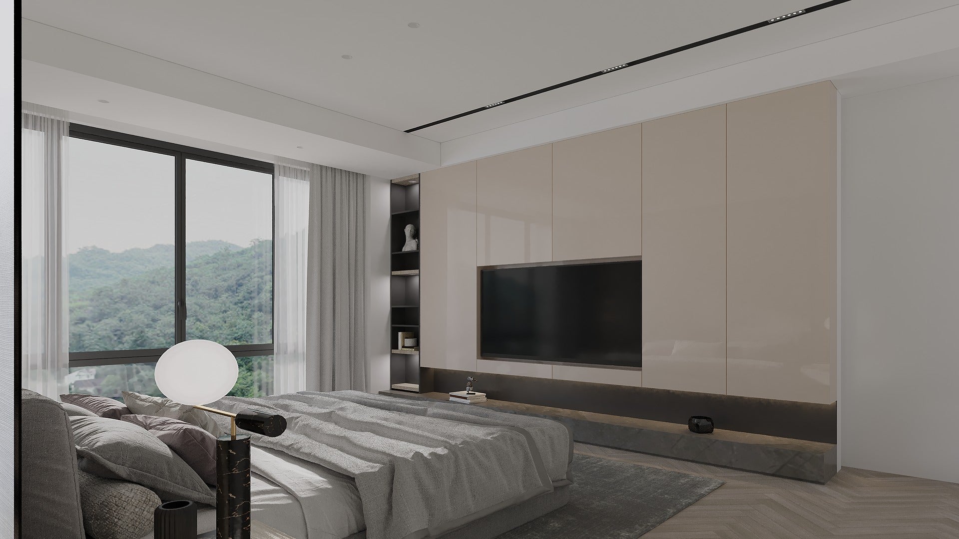 Beige glossy laminate wall panels in modern bedroom with large window and minimalist decor showcasing smooth finish and
