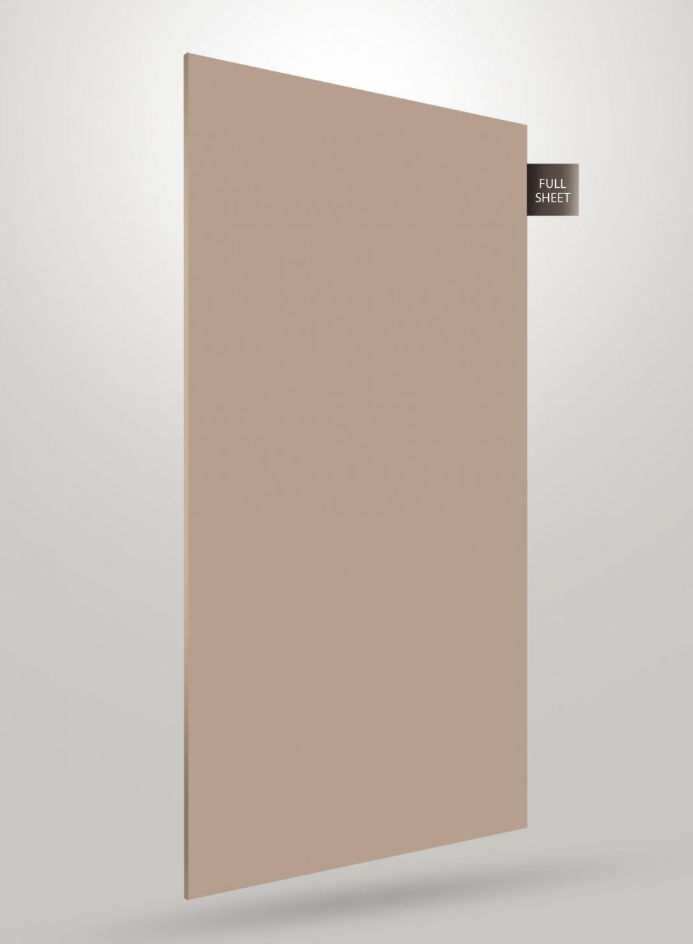 Beige solid colour laminate with glossy finish and smooth texture, labelled full sheet on corner.