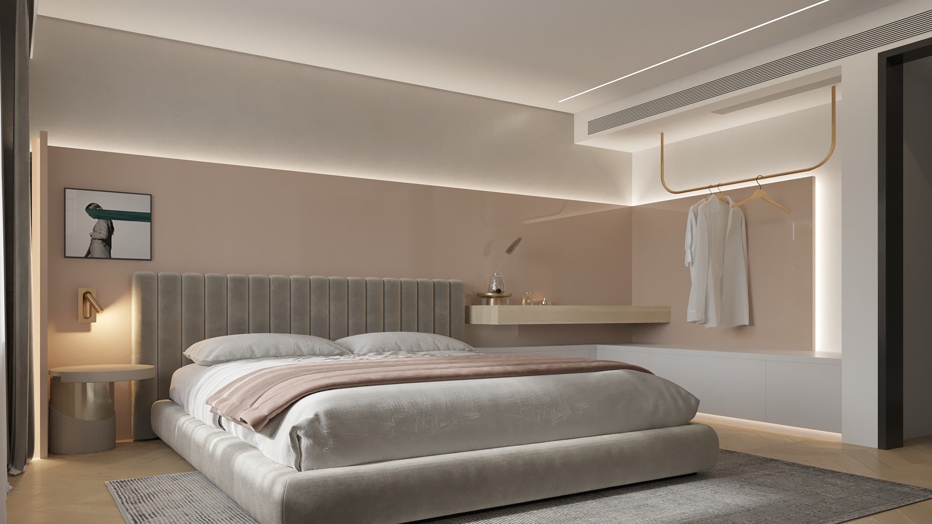 Beige laminate wall in modern bedroom with recessed lighting, floating shelf and minimalist decor, showing high gloss finish.