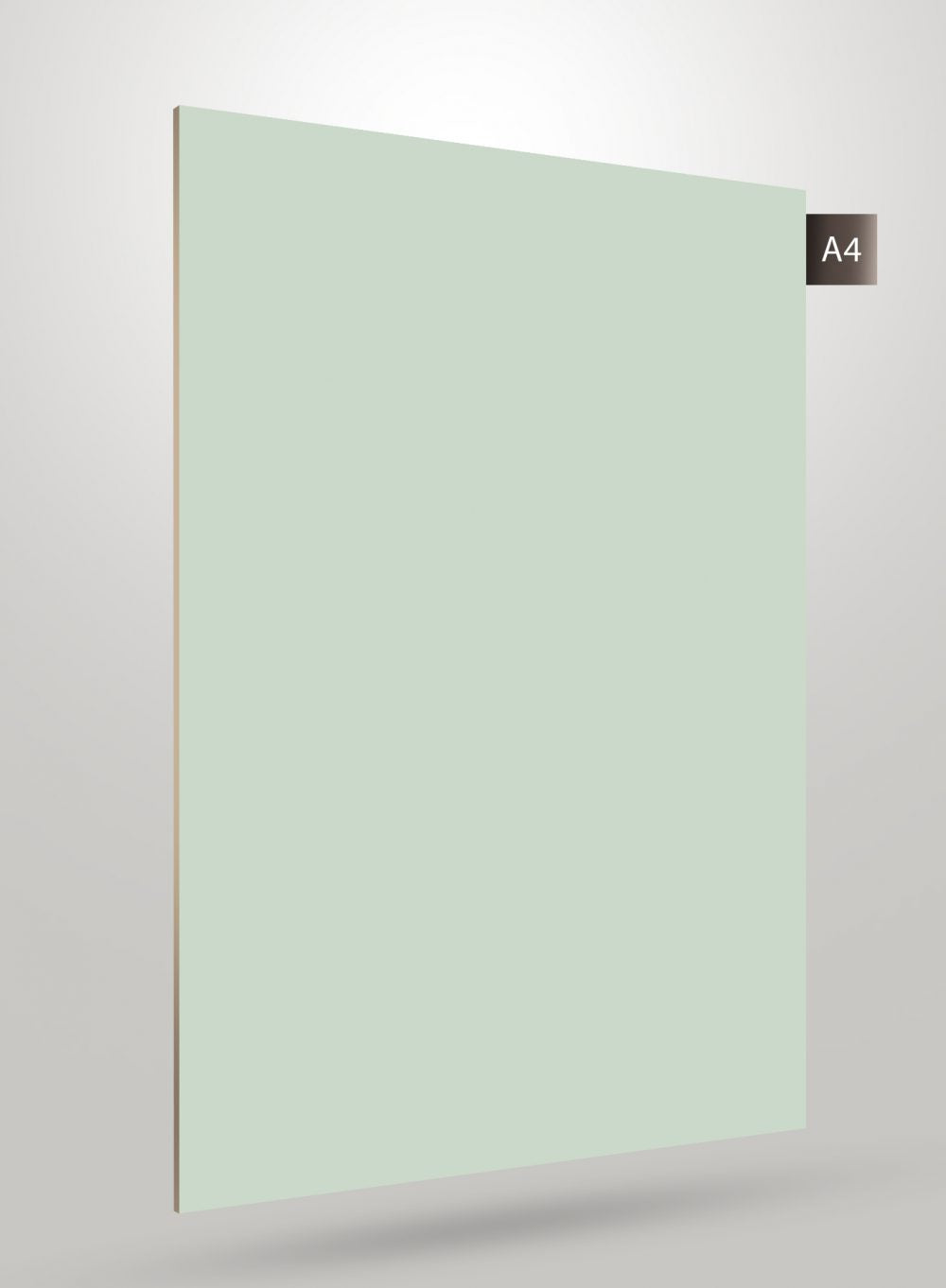Solid green decorative laminate with high gloss finish and smooth surface, shown at an angle with visible thickness.