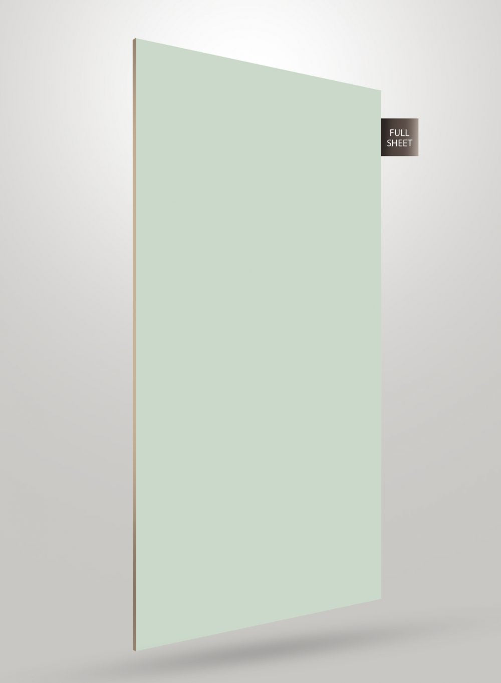 Green solid colour laminate sheet with high gloss finish and visible edge, labelled full sheet.