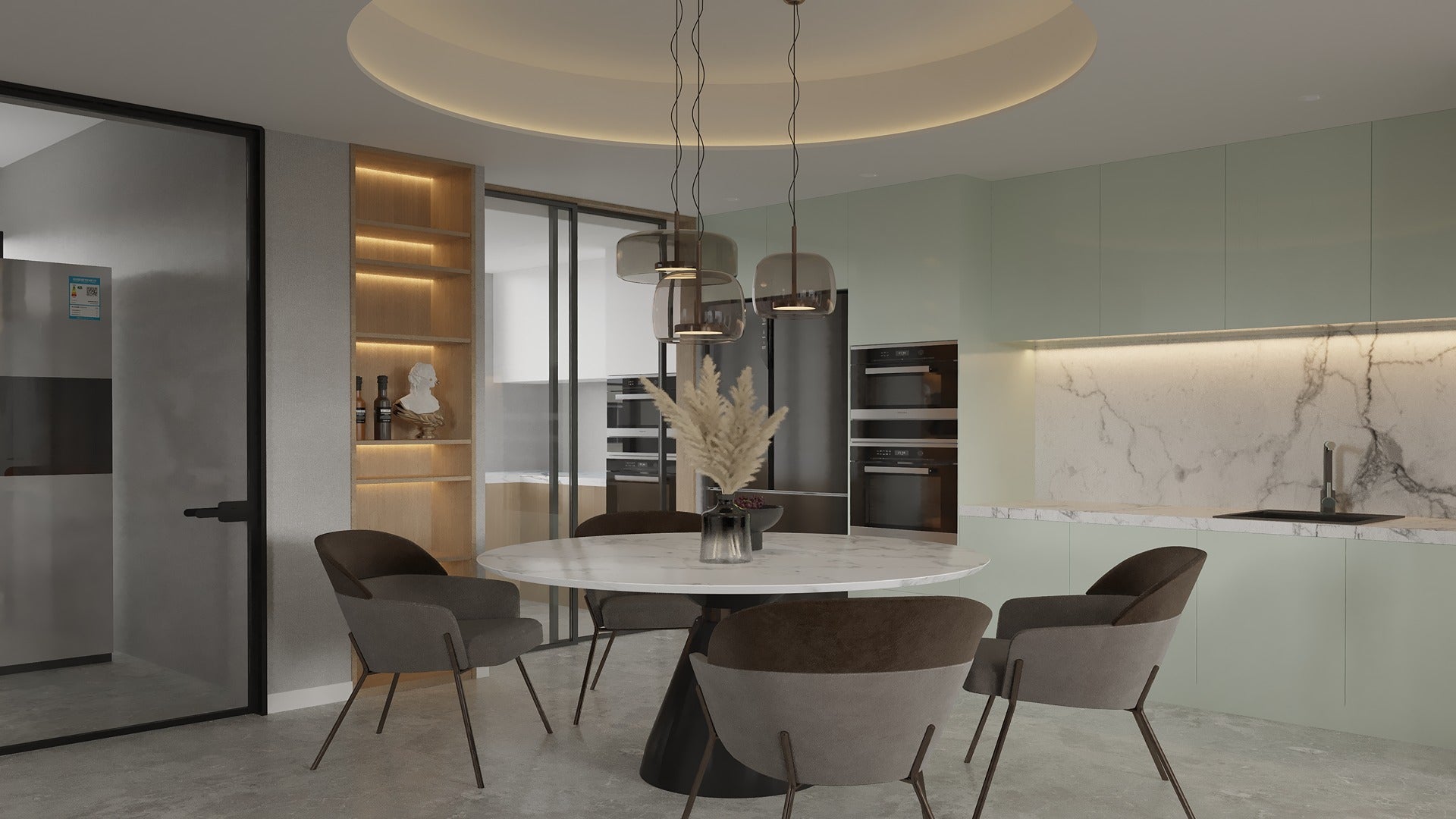 High gloss green laminate kitchen cabinets and wall panels in modern dining space with marble countertops and grey chairs
