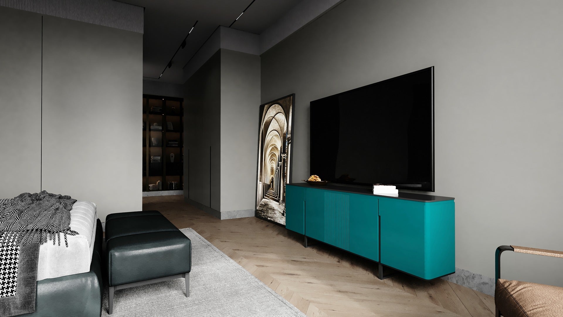 Green high gloss laminate used on TV cabinet in modern living room with gray walls and wooden floor.
