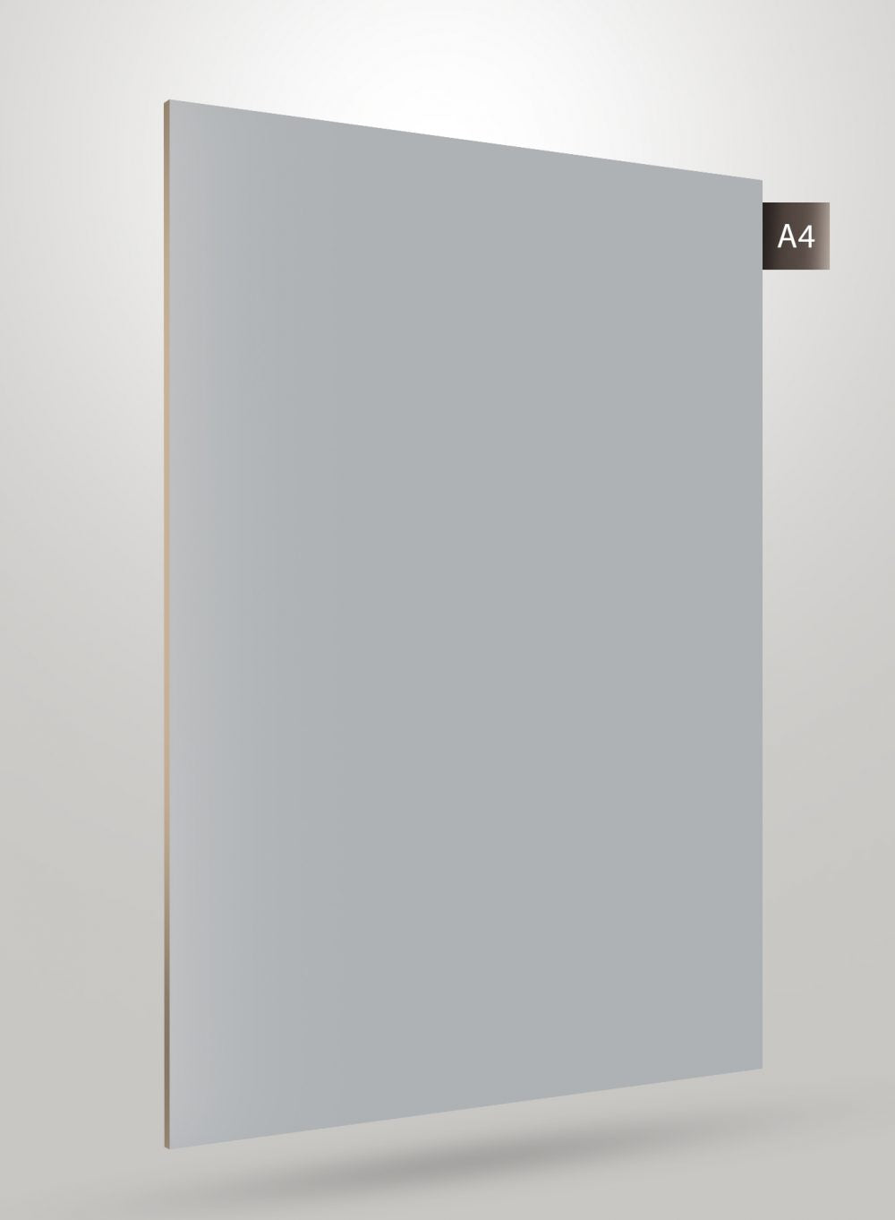Glossy grey patterned laminate sheet with smooth finish and subtle shadow effect, labelled A4 on corner.