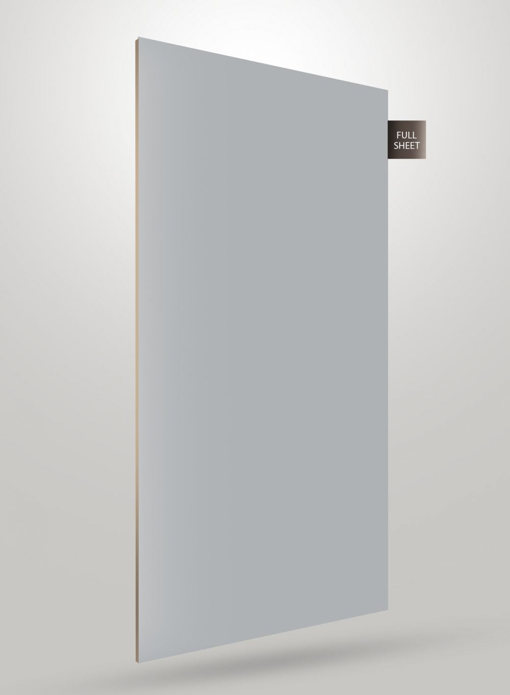 Glossy grey patterned laminate sheet with smooth finish and visible edge, labeled full sheet.