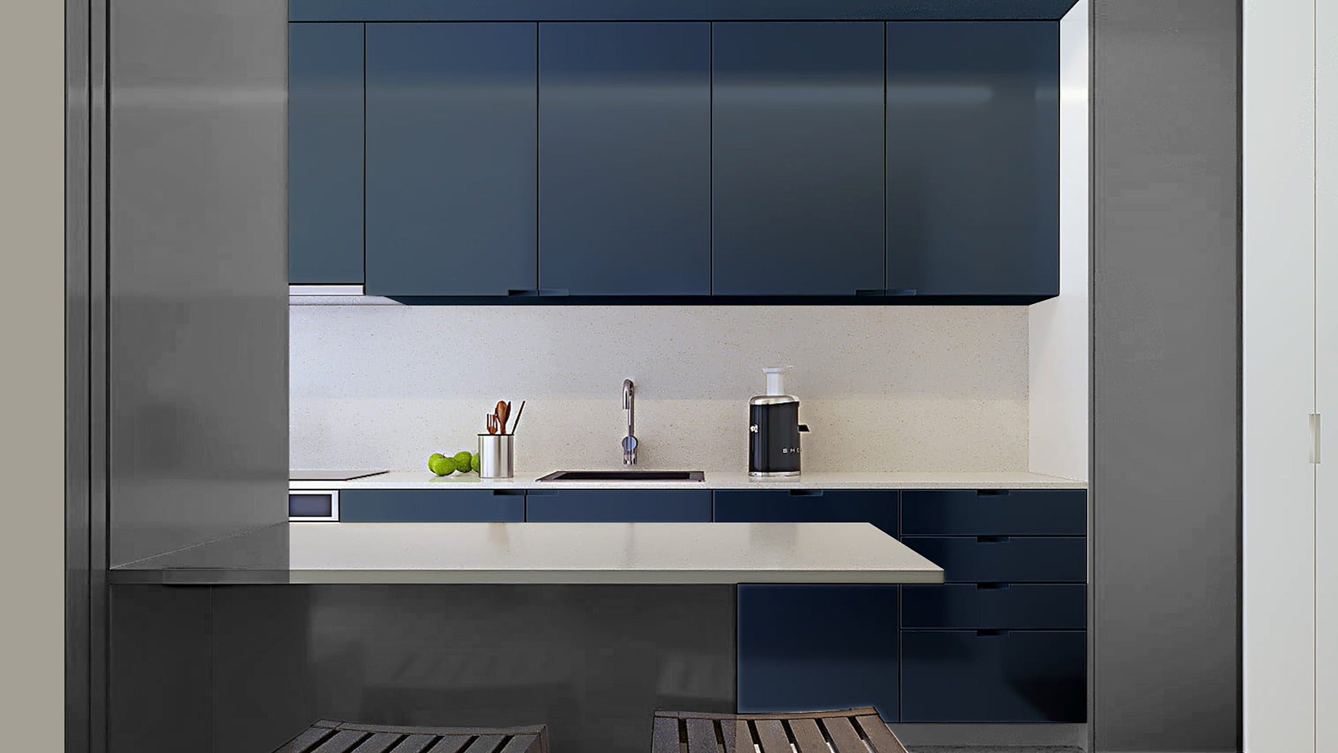 Multi-colour patterned laminate with high gloss finish used in modern kitchen cabinetry and countertops.