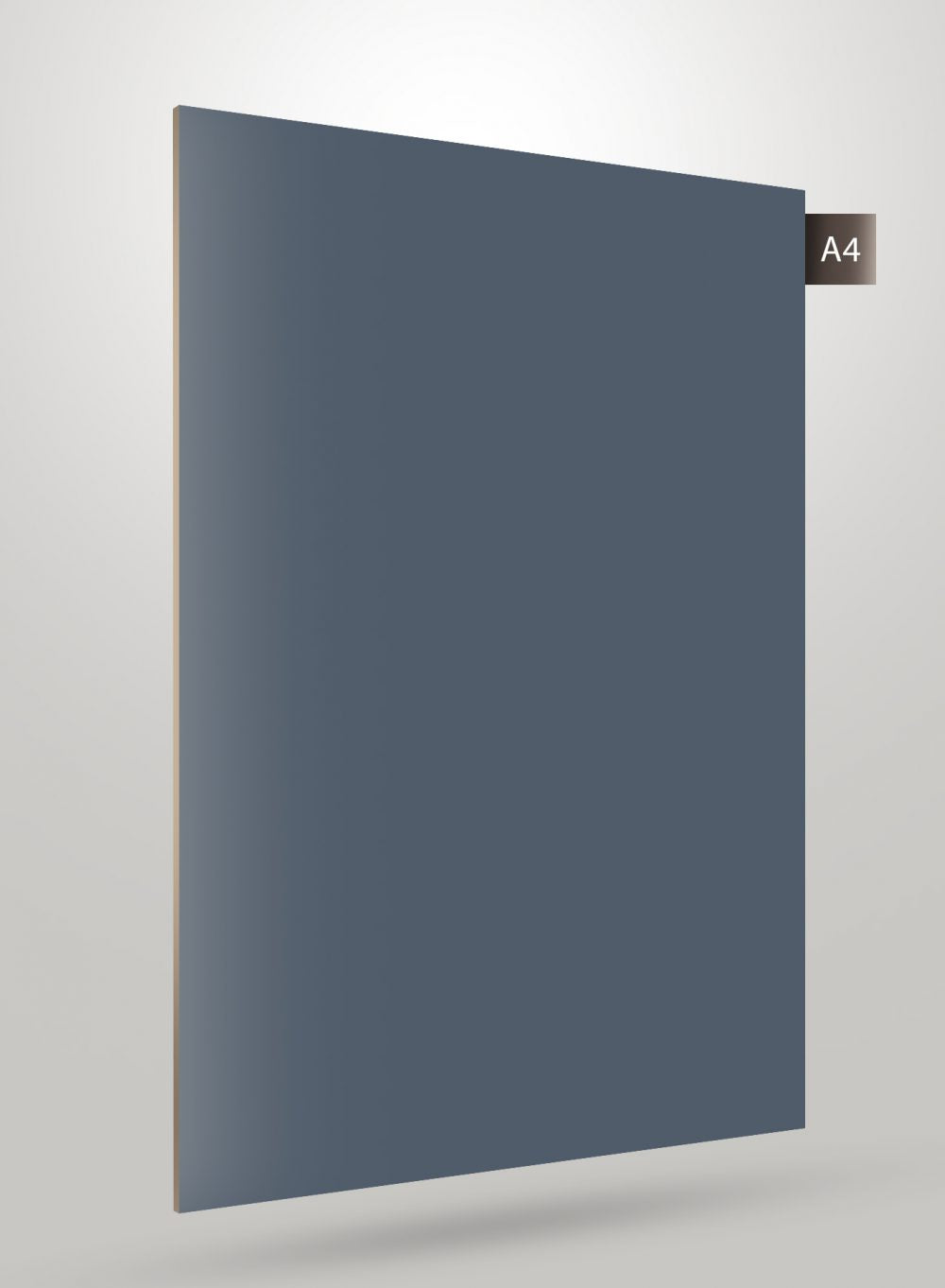 Glossy blue decorative laminate sheet with smooth finish and A4 label on edge, showcasing thickness and product detail.