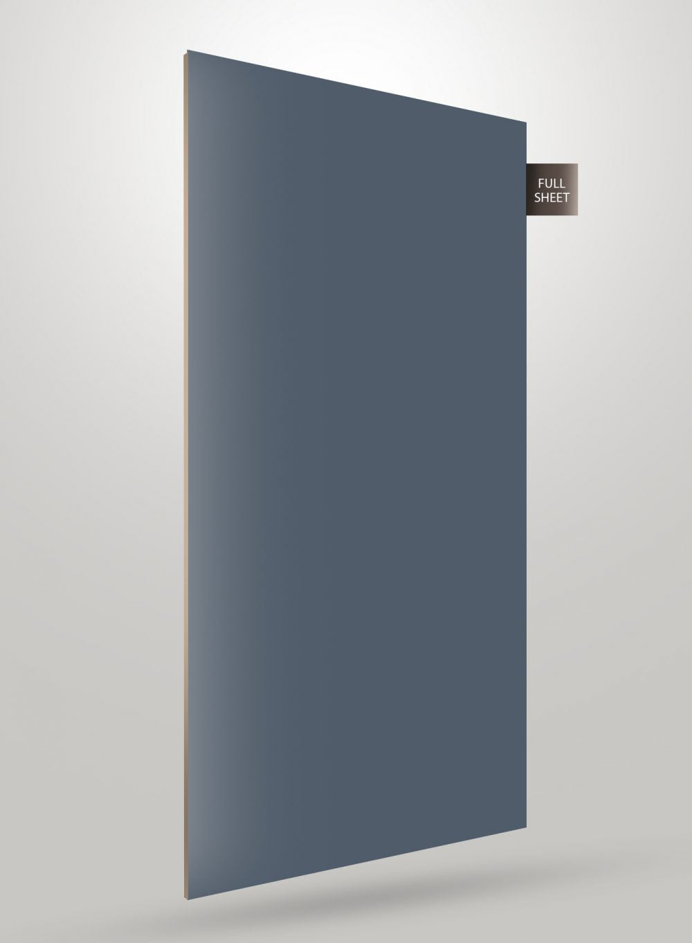 Multi-coloured patterned laminate with high gloss finish and smooth texture, displayed as full sheet with visible edge