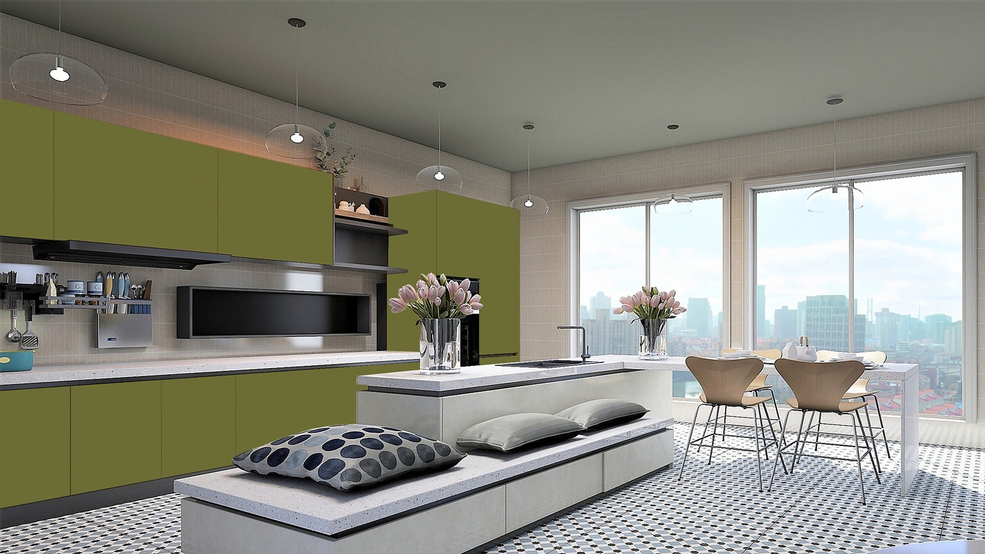 Green patterned laminate kitchen cabinets with high gloss finish in modern kitchen setting with city view