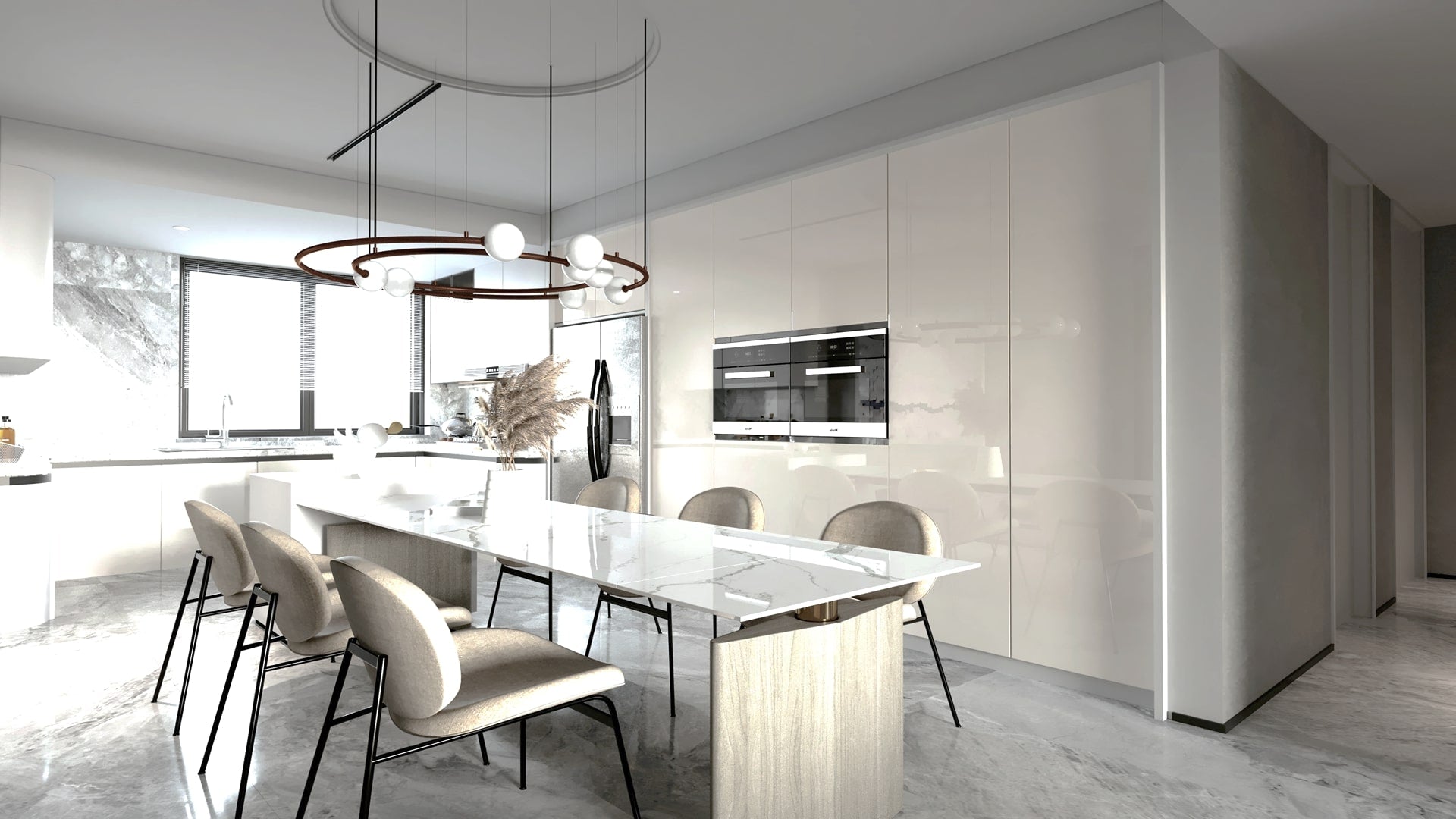 Cream high gloss laminate used on kitchen cabinets and island in a modern interior design setting with marble countertop