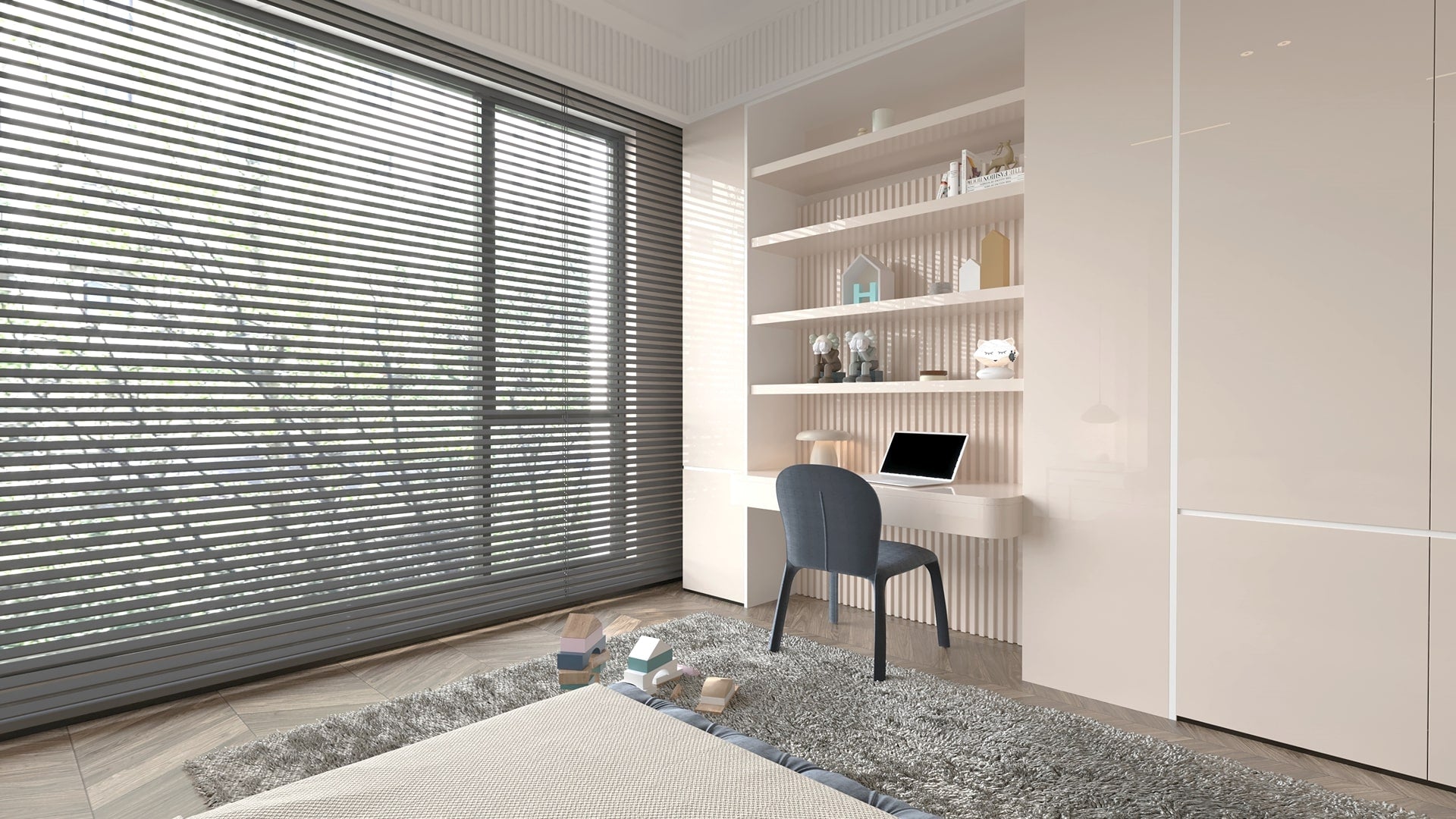 Beige high gloss laminate wall with vertical grooves and shelves in a modern child's bedroom with desk and chair