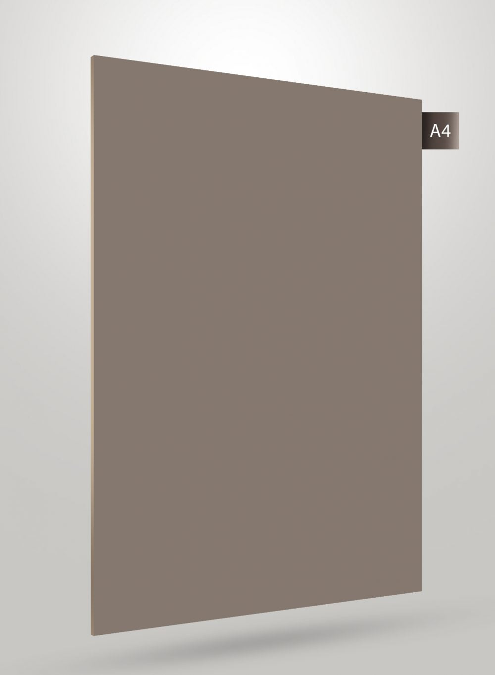 Grey solid colour laminate with high gloss finish and smooth surface, decorative laminate sheet with code label A4 visible.