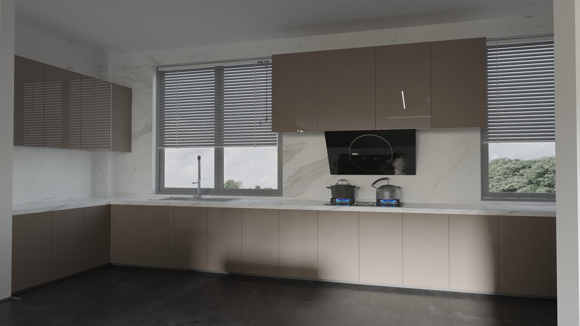Grey high gloss laminate kitchen cabinets with reflective finish and smooth texture in modern kitchen setting