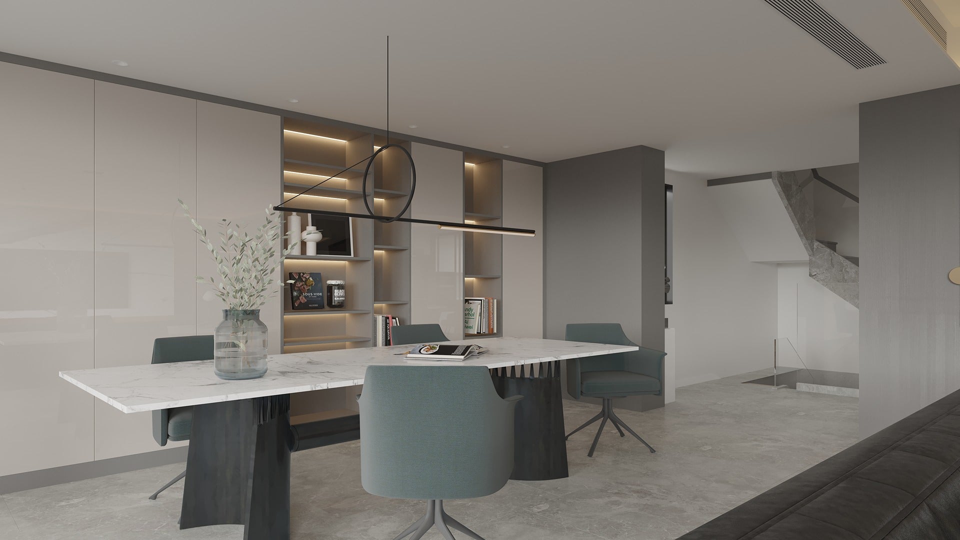 Beige high gloss laminate wall panels in modern dining room with marble table and green chairs.
