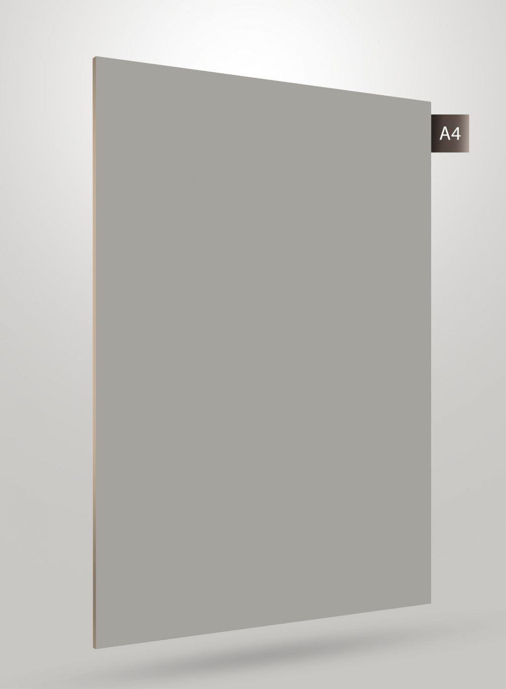 Grey high gloss solid colour laminate sheet with smooth finish and subtle shadow effect on white background.