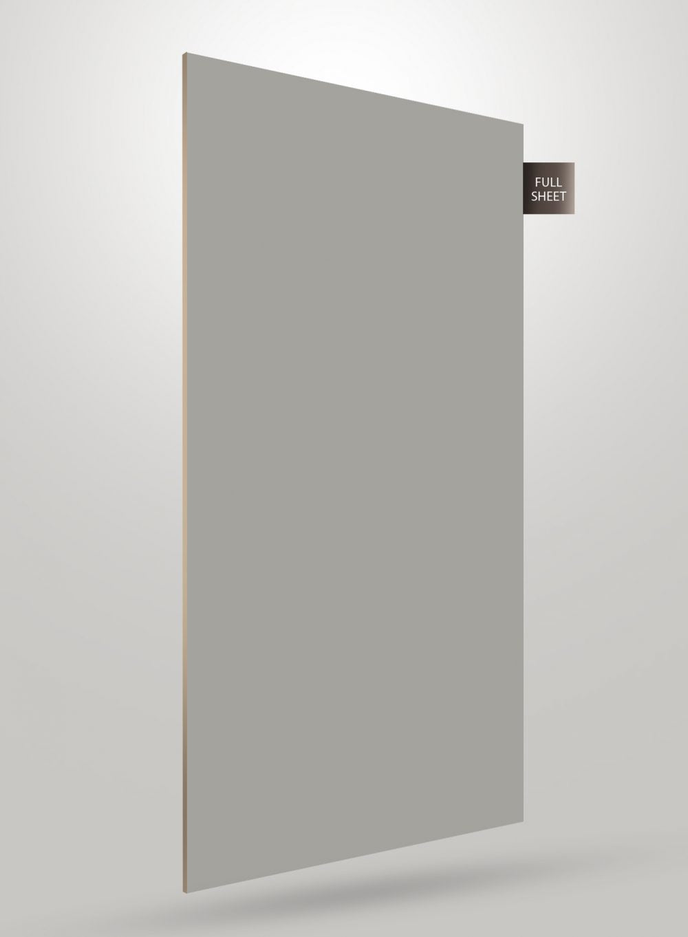 Grey solid colour laminate sheet with high gloss finish and visible edge, labelled full sheet.