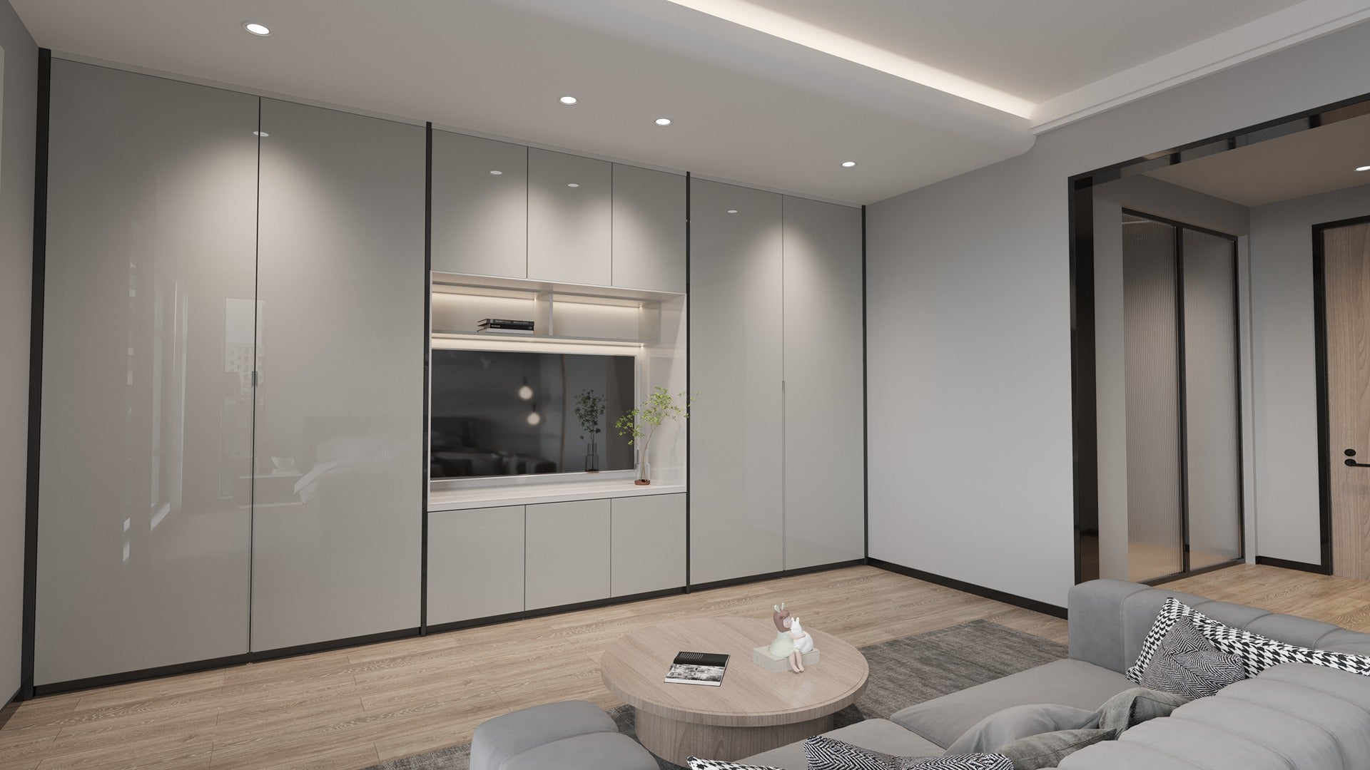 High gloss grey laminate wall panels in modern living room with sleek cabinetry and minimalist decor.