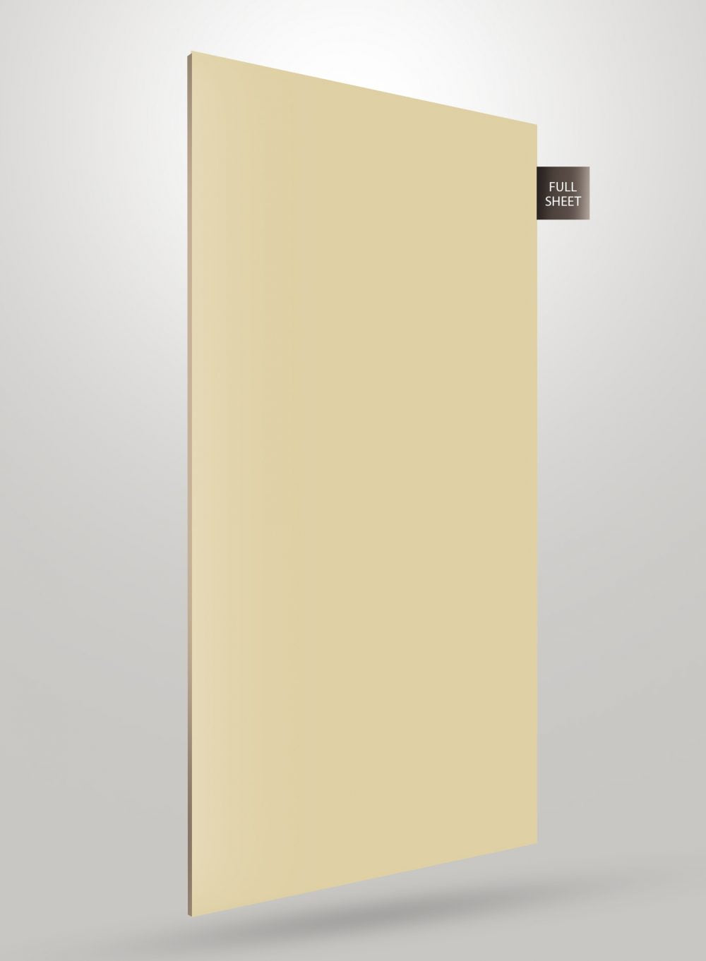 Beige solid colour laminate sheet with glossy finish and smooth texture, labelled full sheet on a grey background.