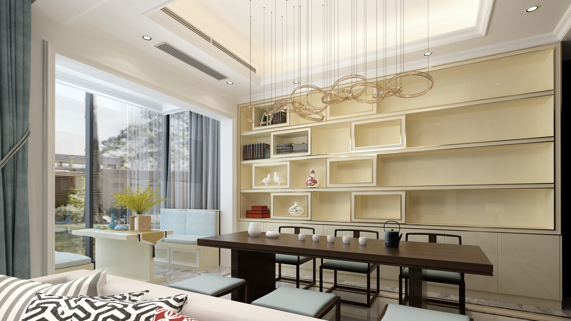Beige high gloss laminate wall with reflective sheen in modern dining room with shelving unit and minimalist decor.