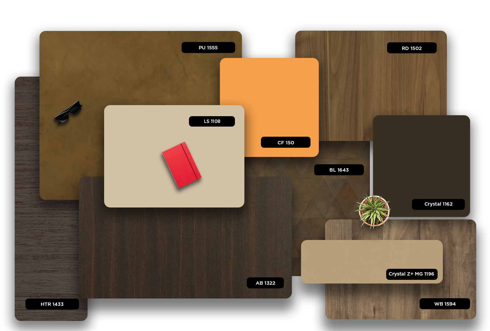 Multicolored patterned laminate samples with glossy finish and various textures displayed together with code labels.