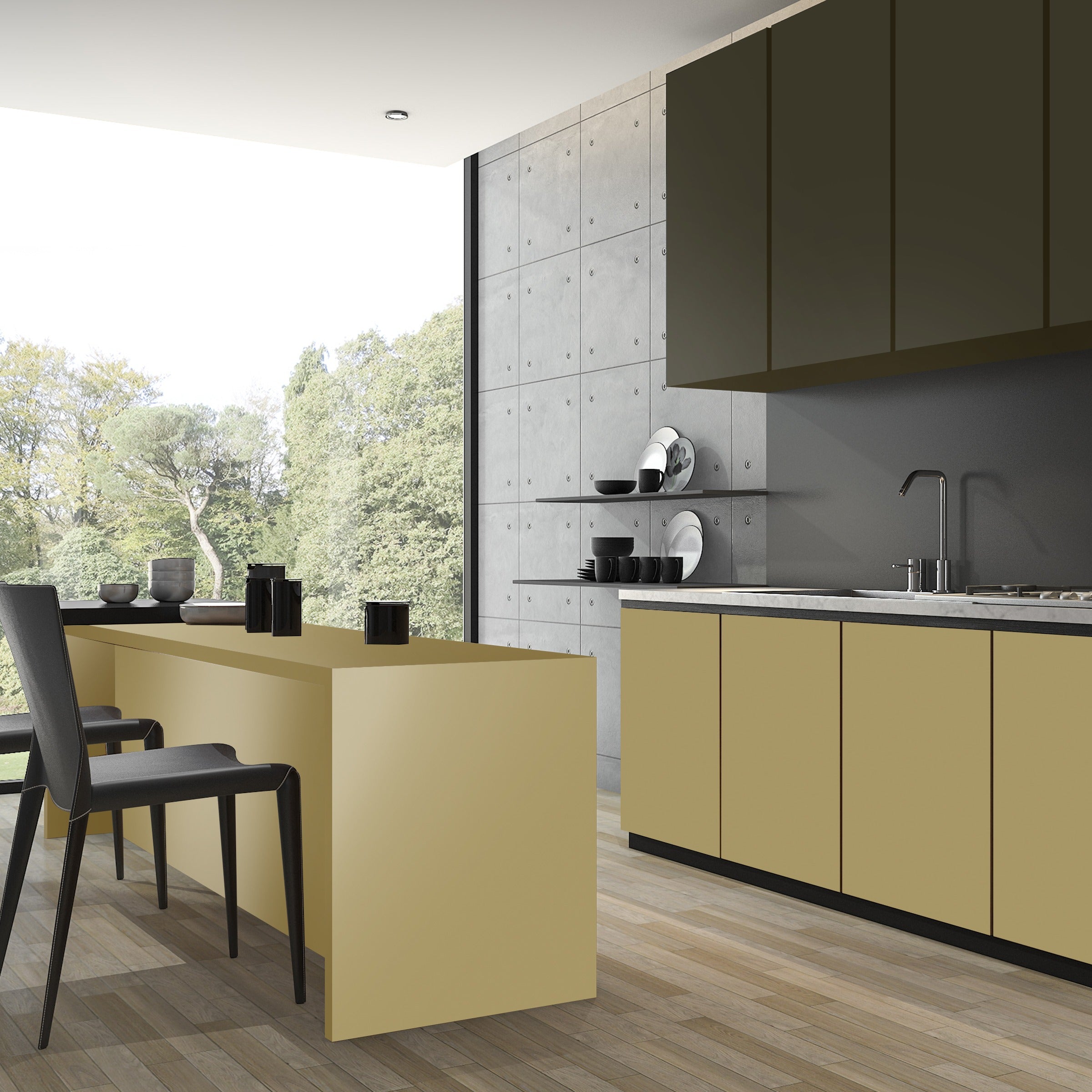 Multi-coloured patterned laminate kitchen cabinets with high gloss finish and textured concrete wall in modern interior