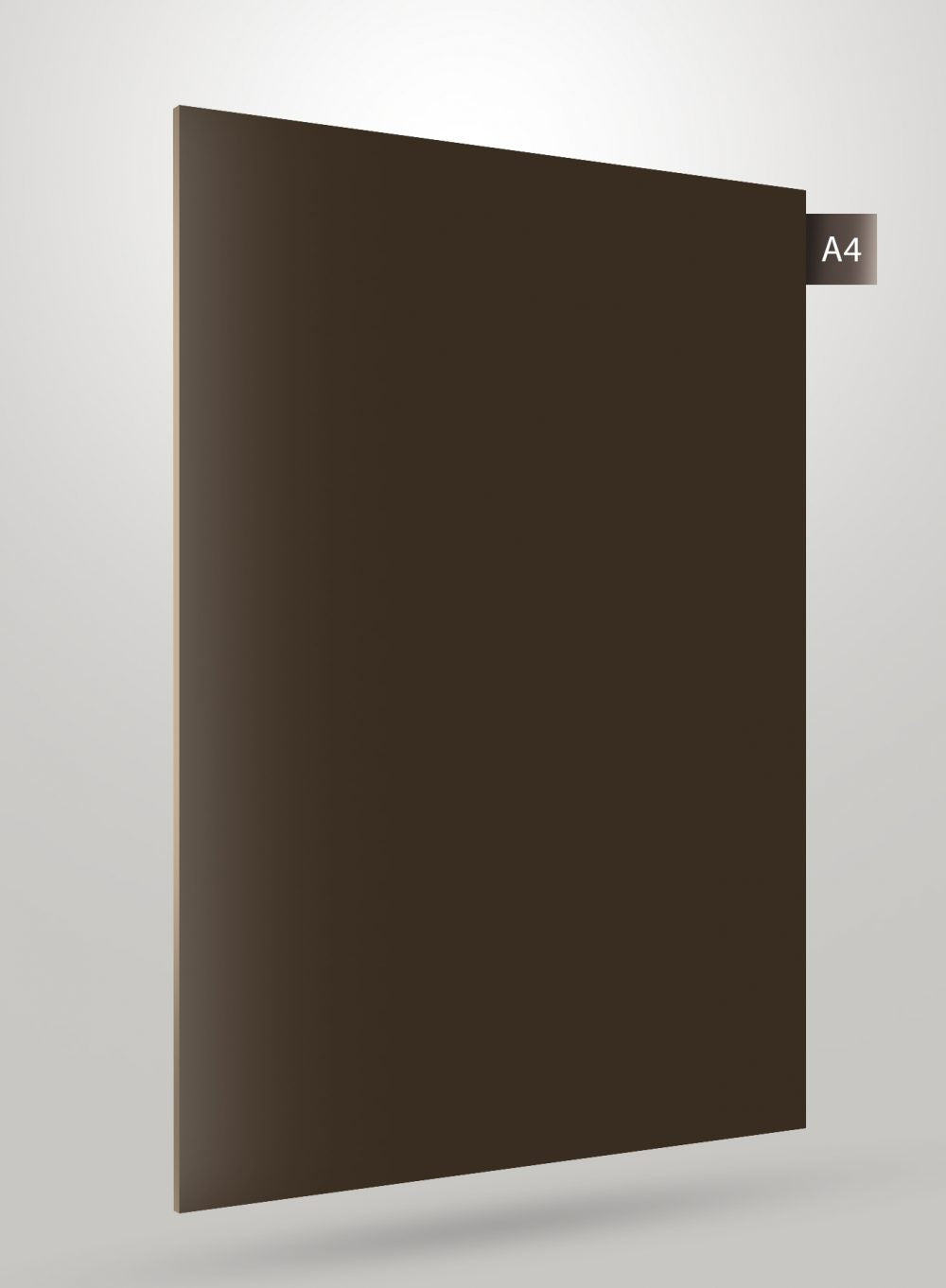 Brown decorative laminate sheet with glossy finish and A4 label attached to corner, showcasing smooth surface and dark brown