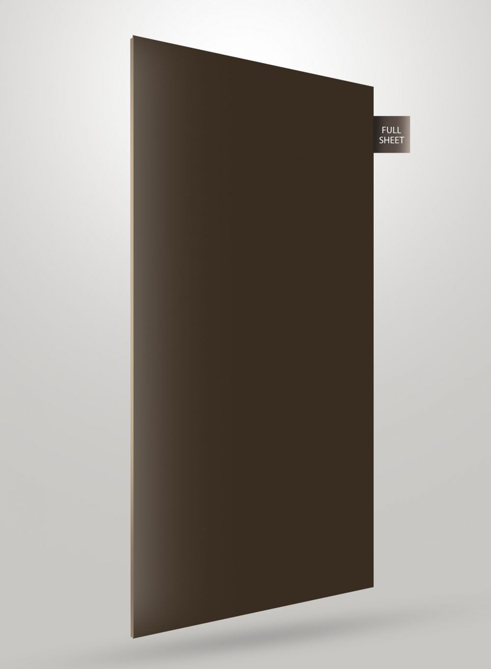 Brown decorative laminate sheet with glossy finish and full sheet label on a plain background.
