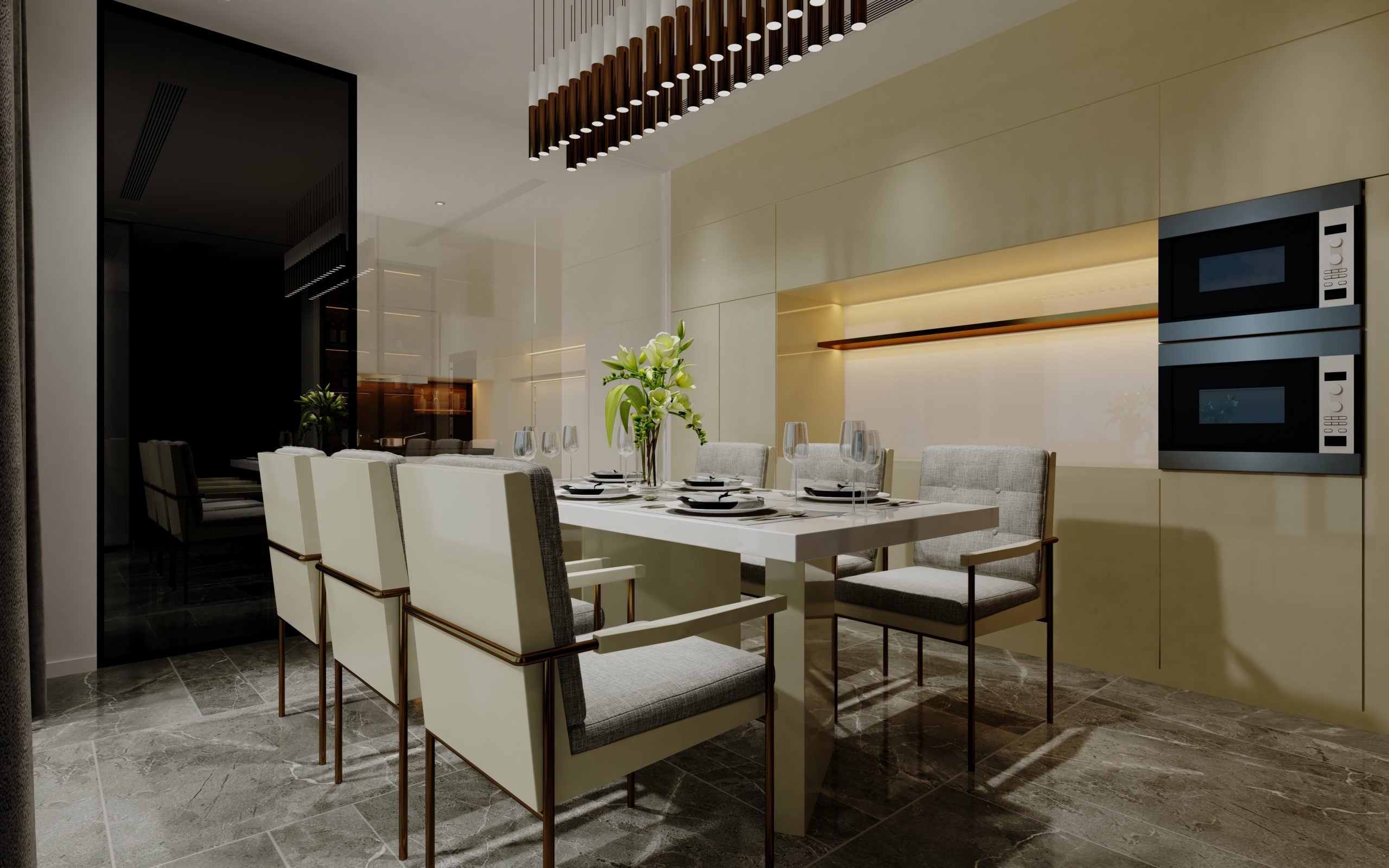 Green high gloss laminate wall in modern dining room with sleek furniture and built-in ovens, showcasing smooth finish and