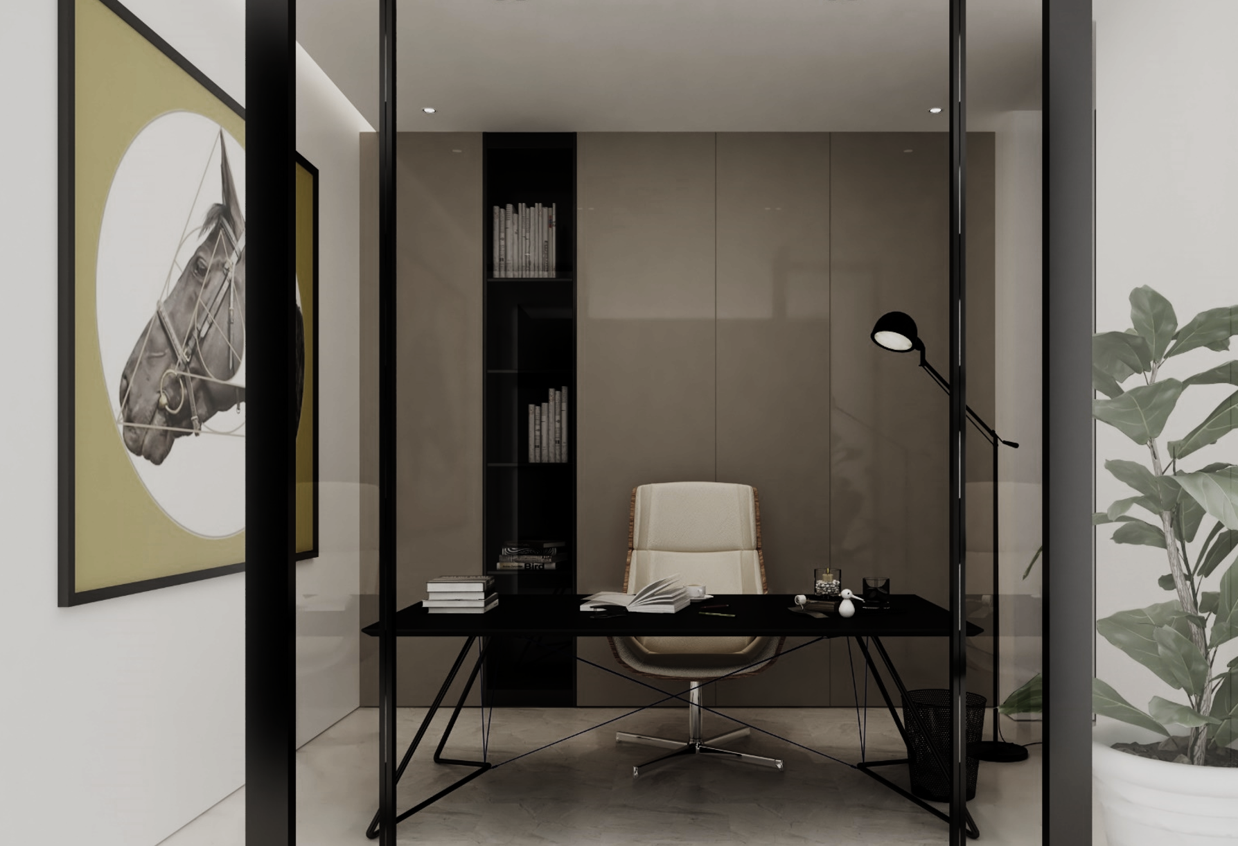 High gloss brown laminate wall in modern office with desk and chair, reflecting light and showing smooth finish.