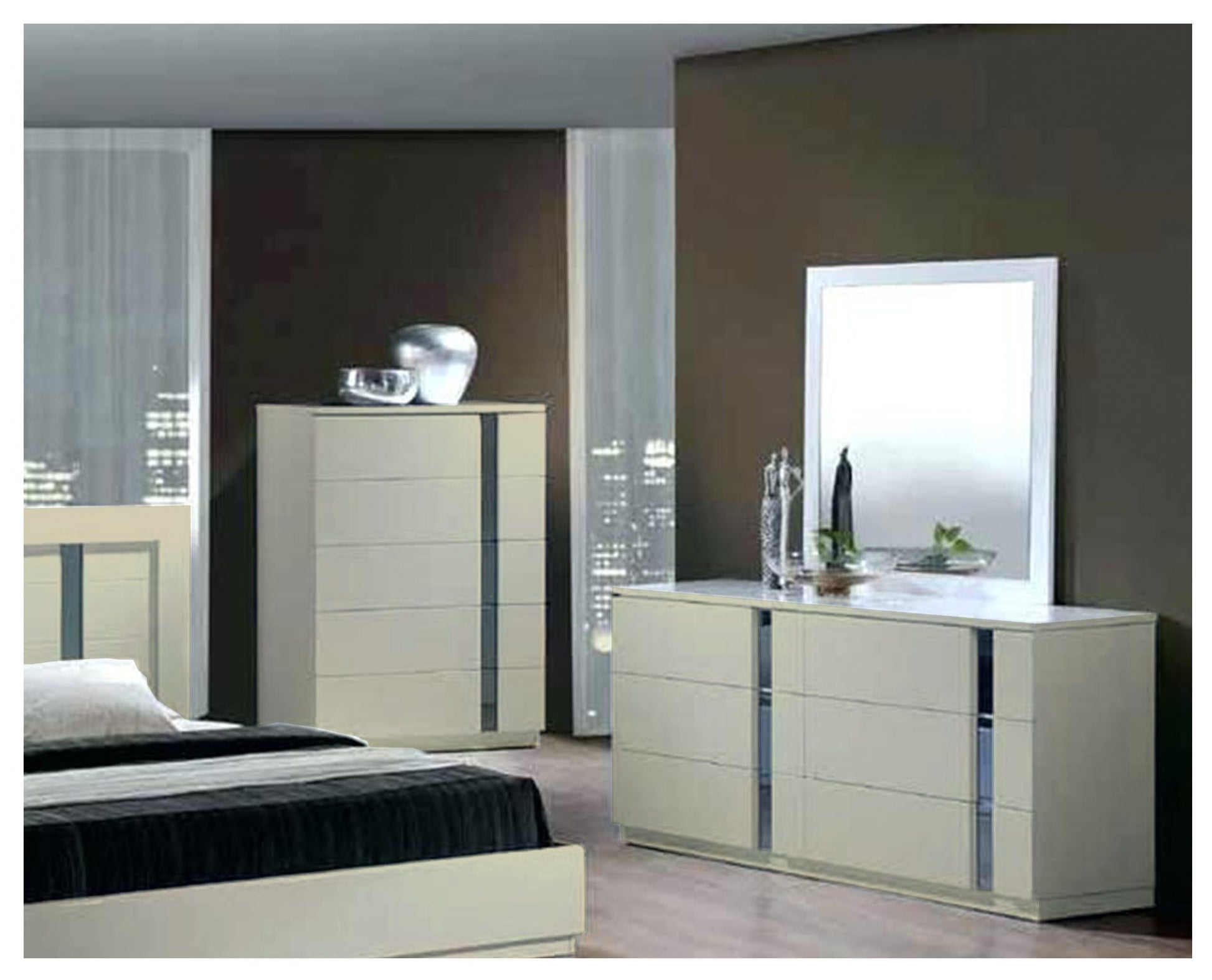White laminate furniture in modern bedroom with dark brown walls and city view through sheer curtains.