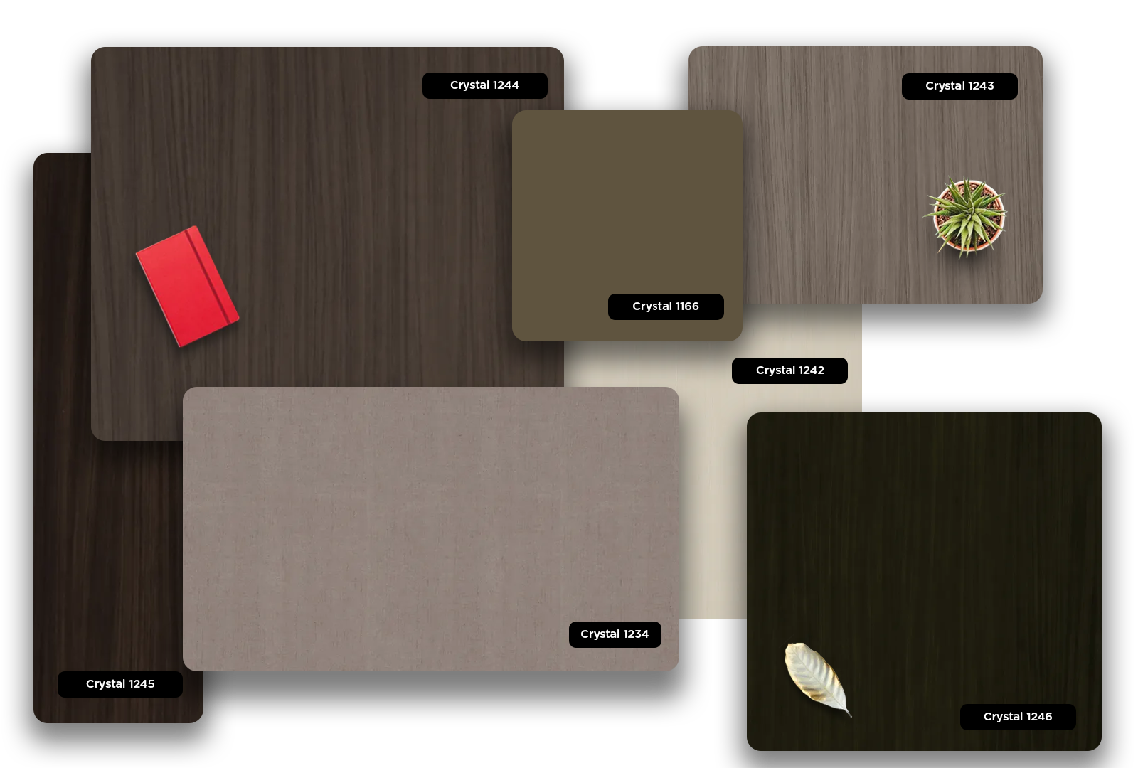 Brown solid colour laminate with high gloss finish, Crystal 1166, displayed with other colour options and decorative