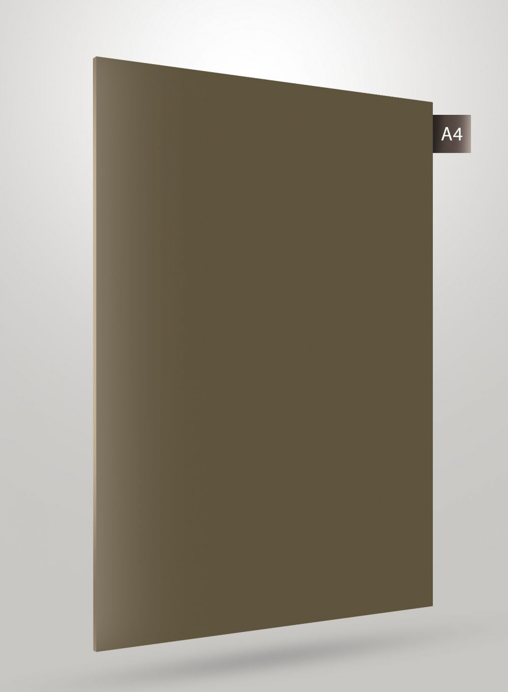 Brown solid colour laminate with glossy finish and smooth texture, labelled A4.