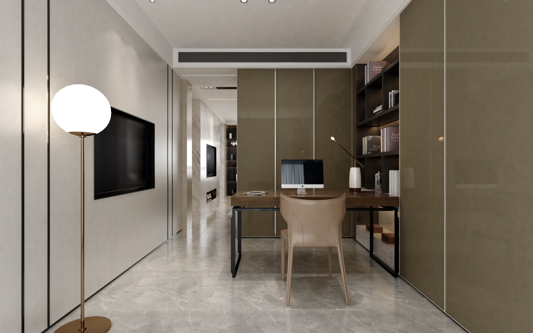 Brown glossy laminate wall panels in a modern office space with desk and bookshelves