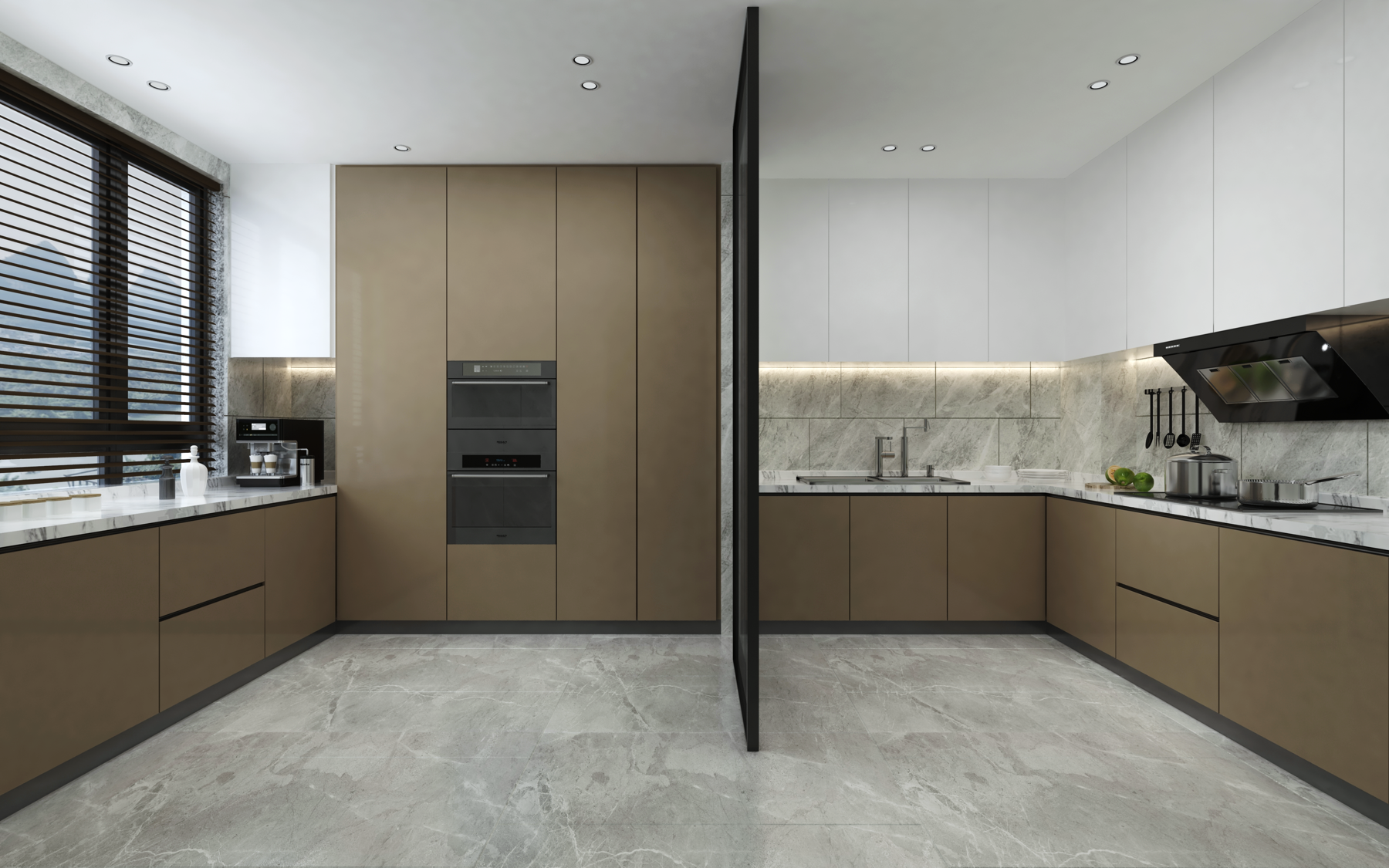 Beige high gloss laminate kitchen cabinets with white marble countertops and backsplash in modern kitchen interior