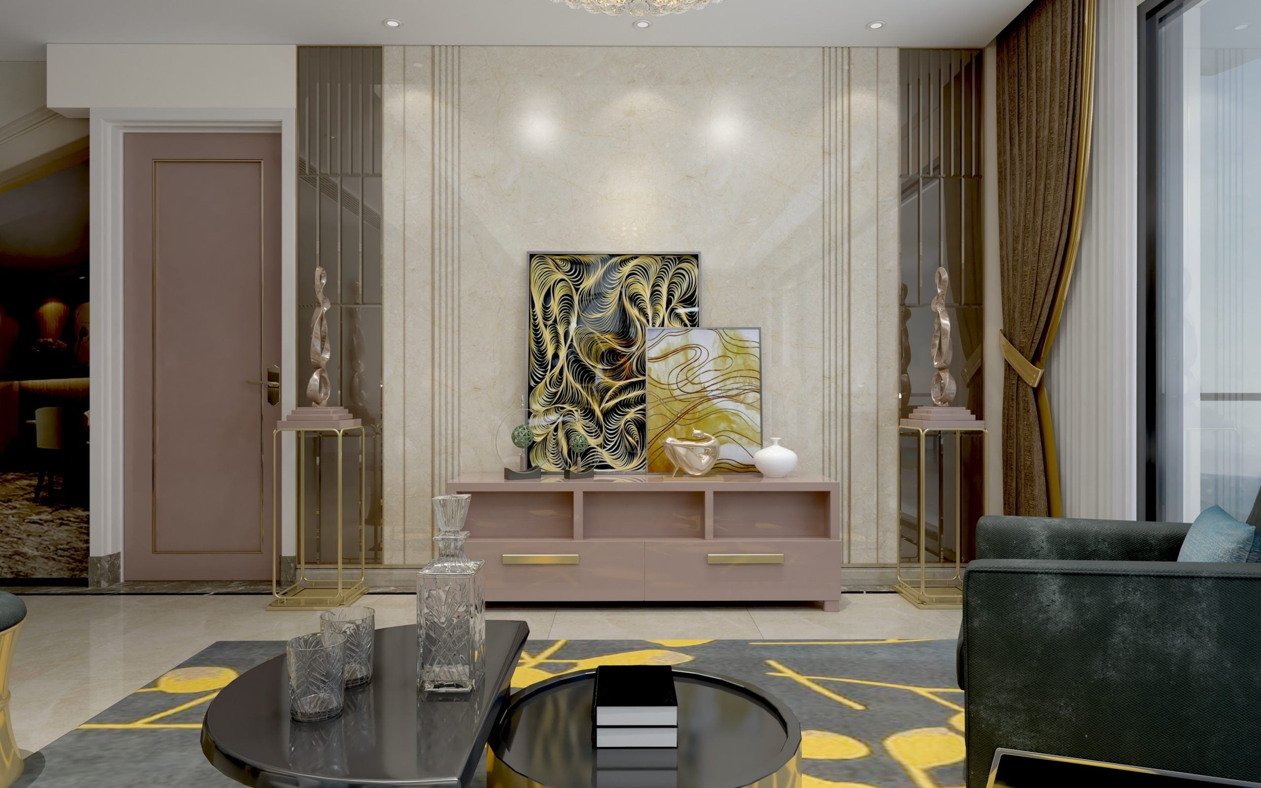 Beige marble laminate wall with gold veining in a modern living room with decorative furniture and artwork.