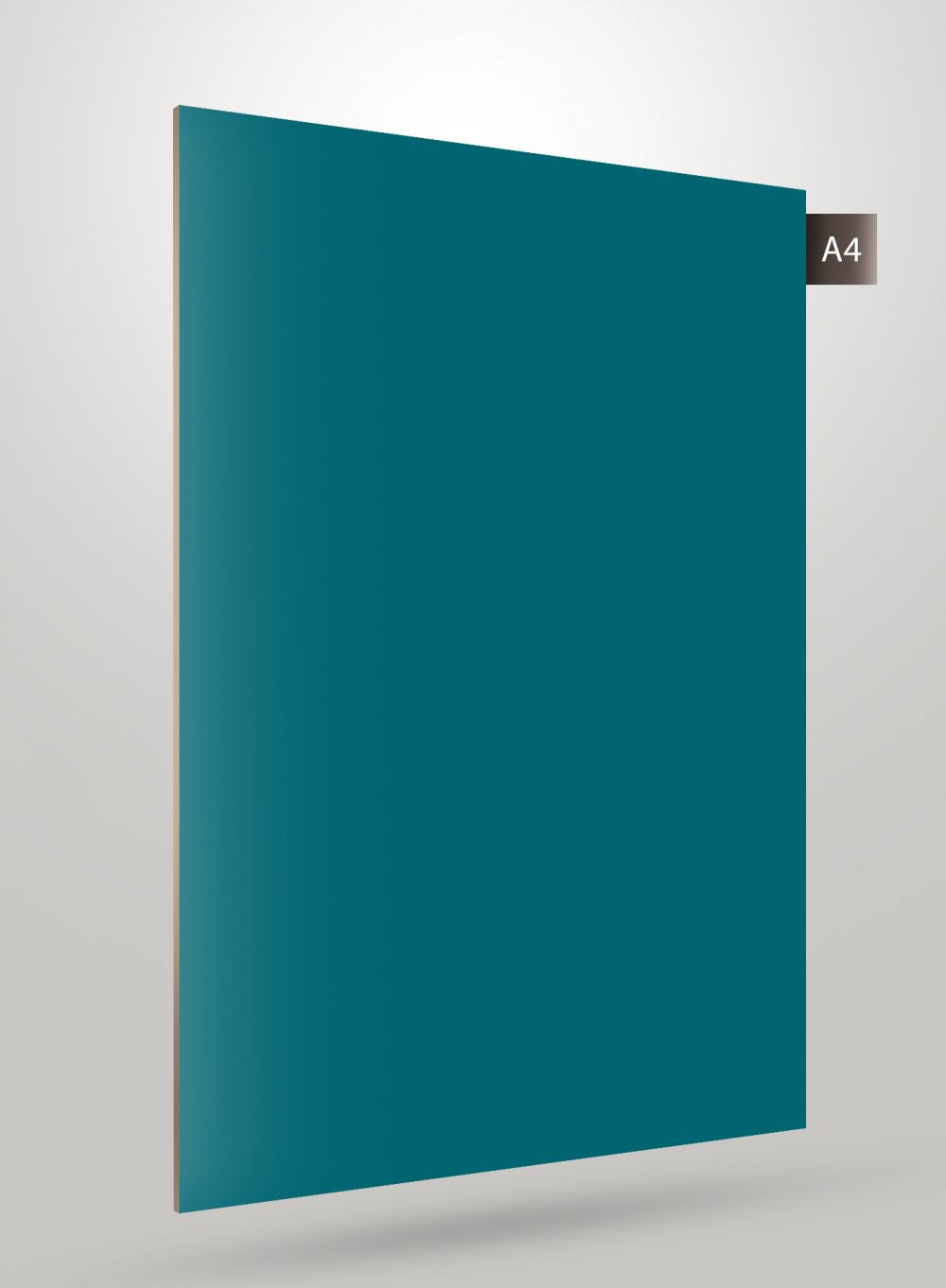 Teal solid colour laminate with glossy finish and smooth surface, showing edge detail and sample label A4.