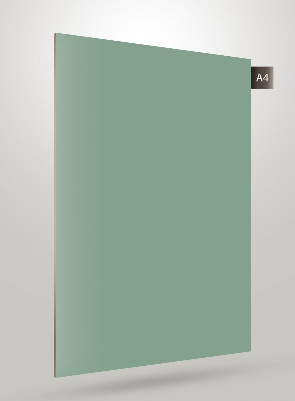 Solid green decorative laminate with high gloss finish and smooth texture, shown on a light grey background with code label.