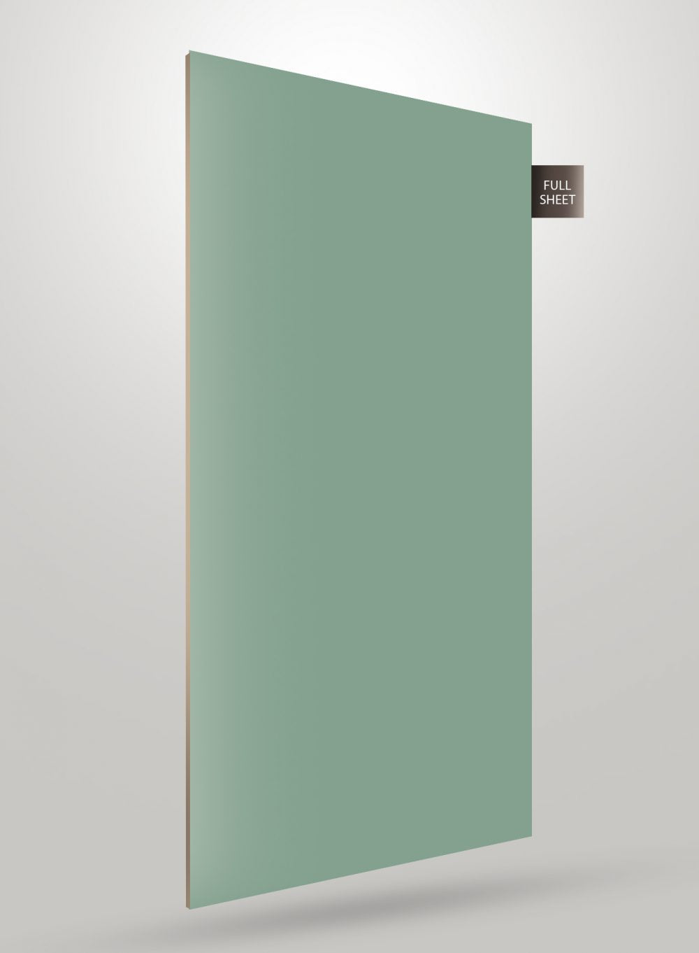 Solid green decorative laminate sheet with high gloss finish and smooth texture displayed at an angle.