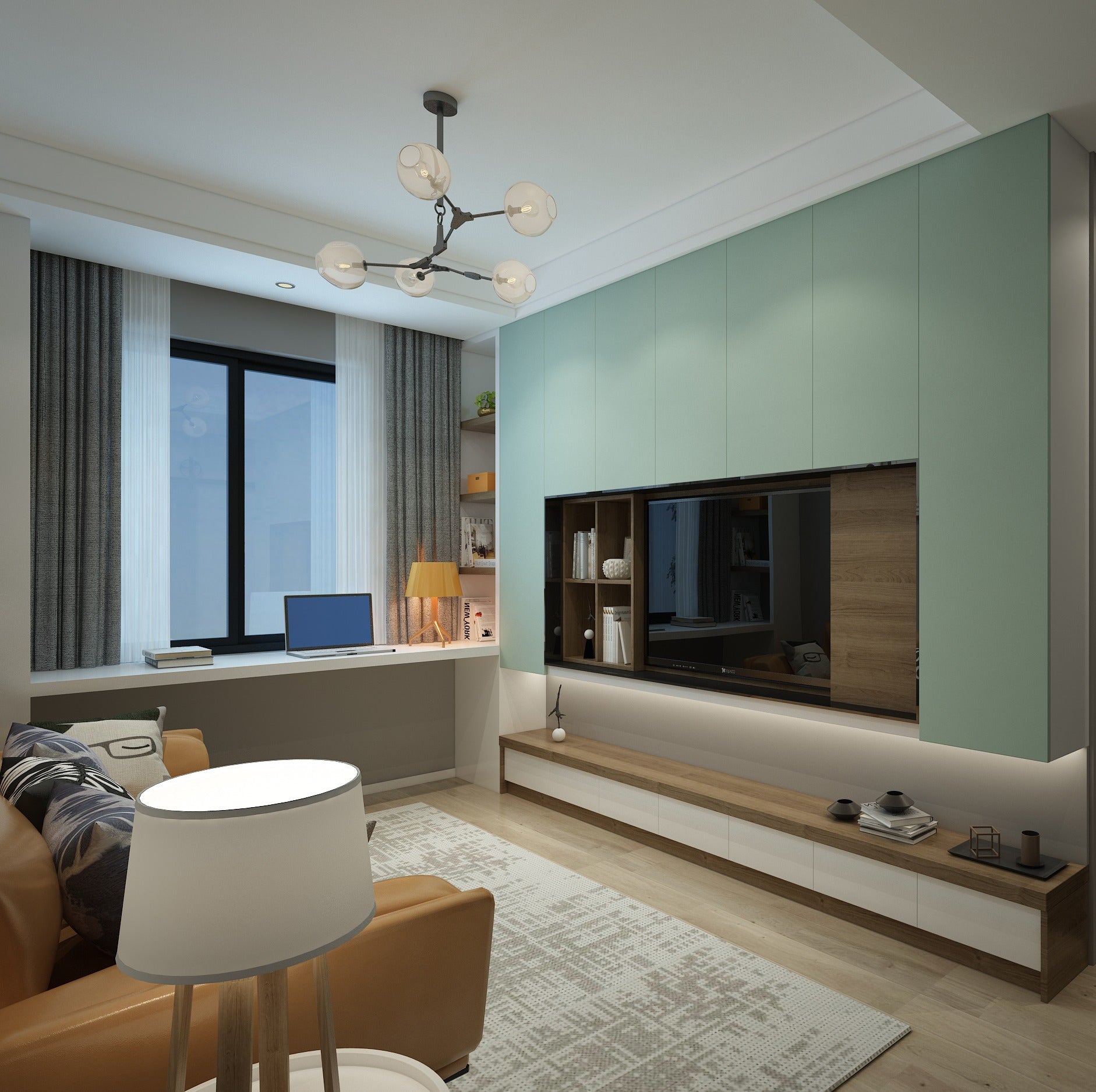 Mint green glossy laminate wall panels in modern living room with TV unit and built-in shelving.